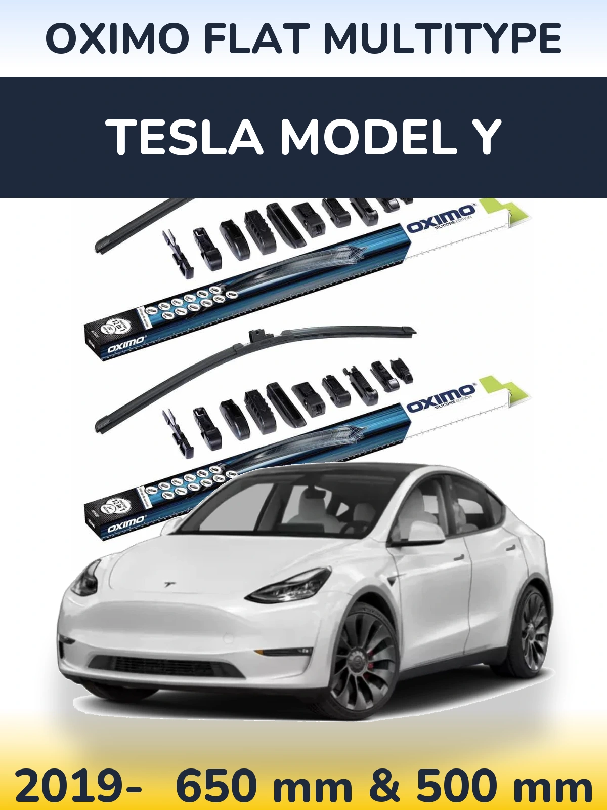 Front wiper blade set Oximo Flat MultiTypee 650 & 500 mm for Tesla Model Y 2019-2026