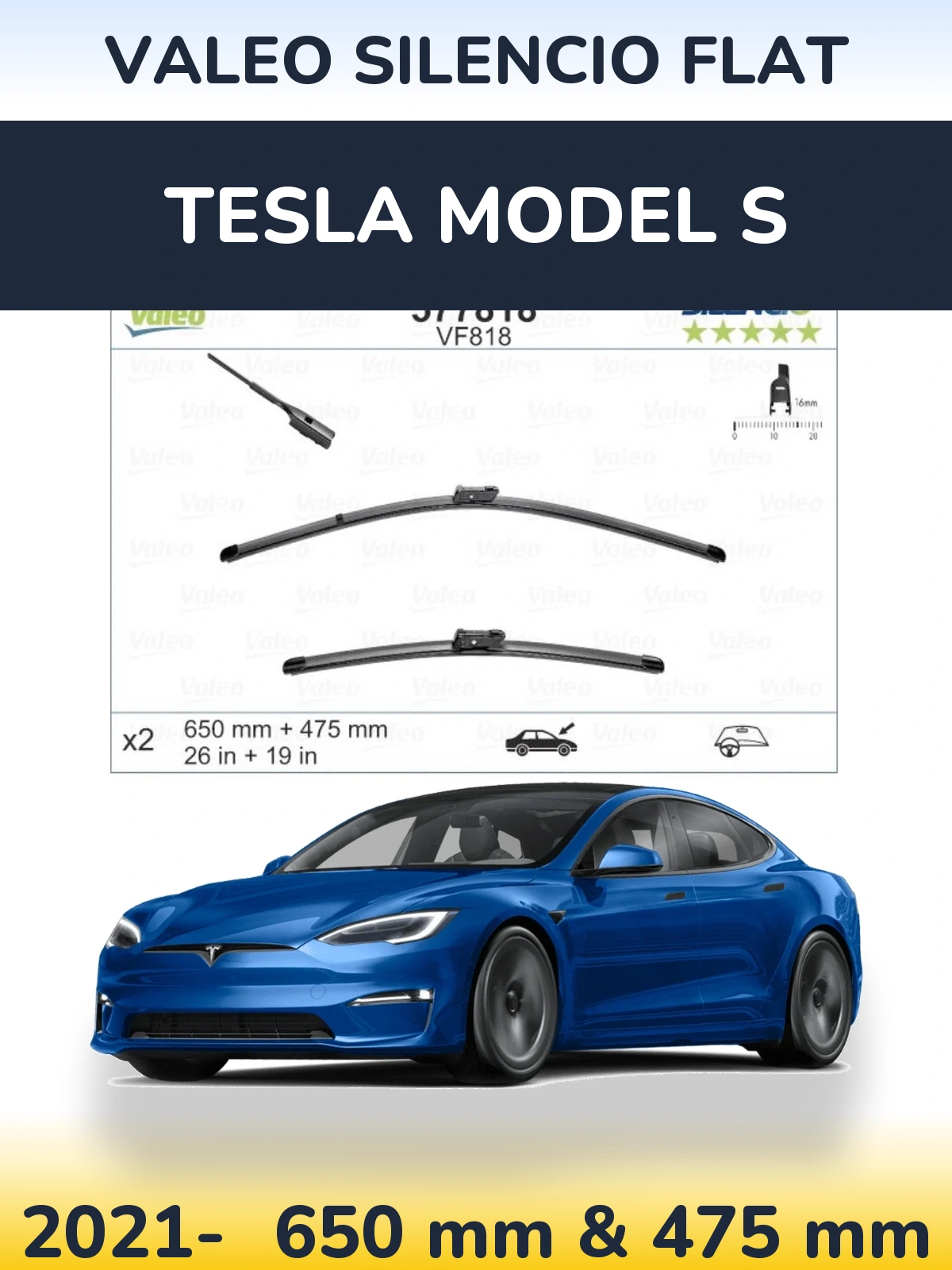 Komplet przednich wycieraczek Valeo Silencio Flat 650 & 475 mm do Tesla Model S 2021-2026