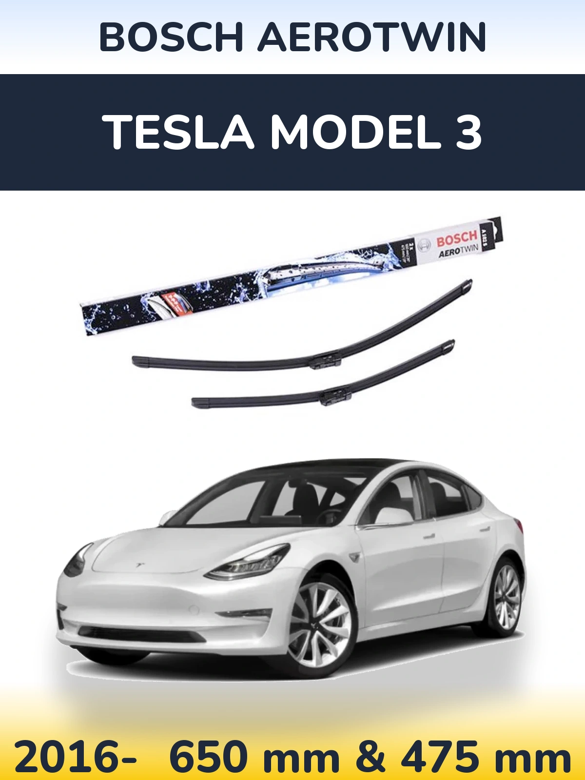 Front wiper blade set BOSCH AeroTwin 650 & 475 мм for Tesla Model 3 2016-2026