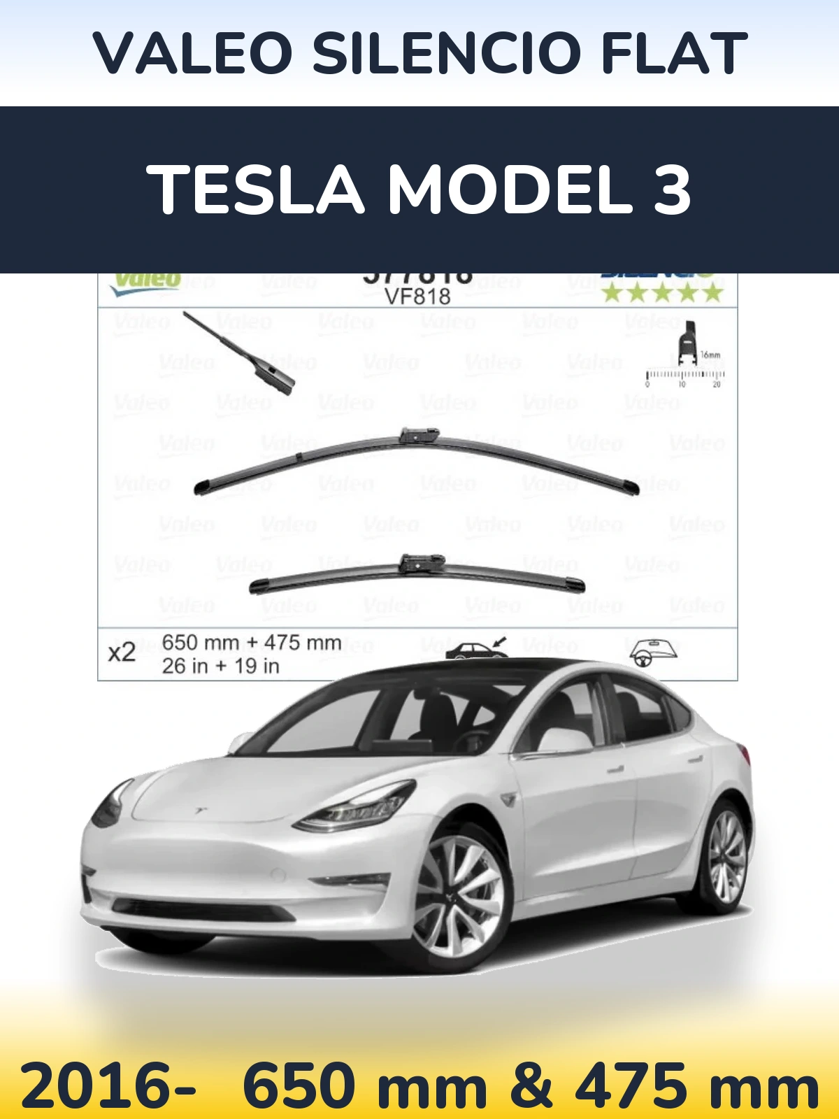 Front wiper blade set Valeo Silencio Flat 650 & 475 мм for Tesla Model 3 2016-2026