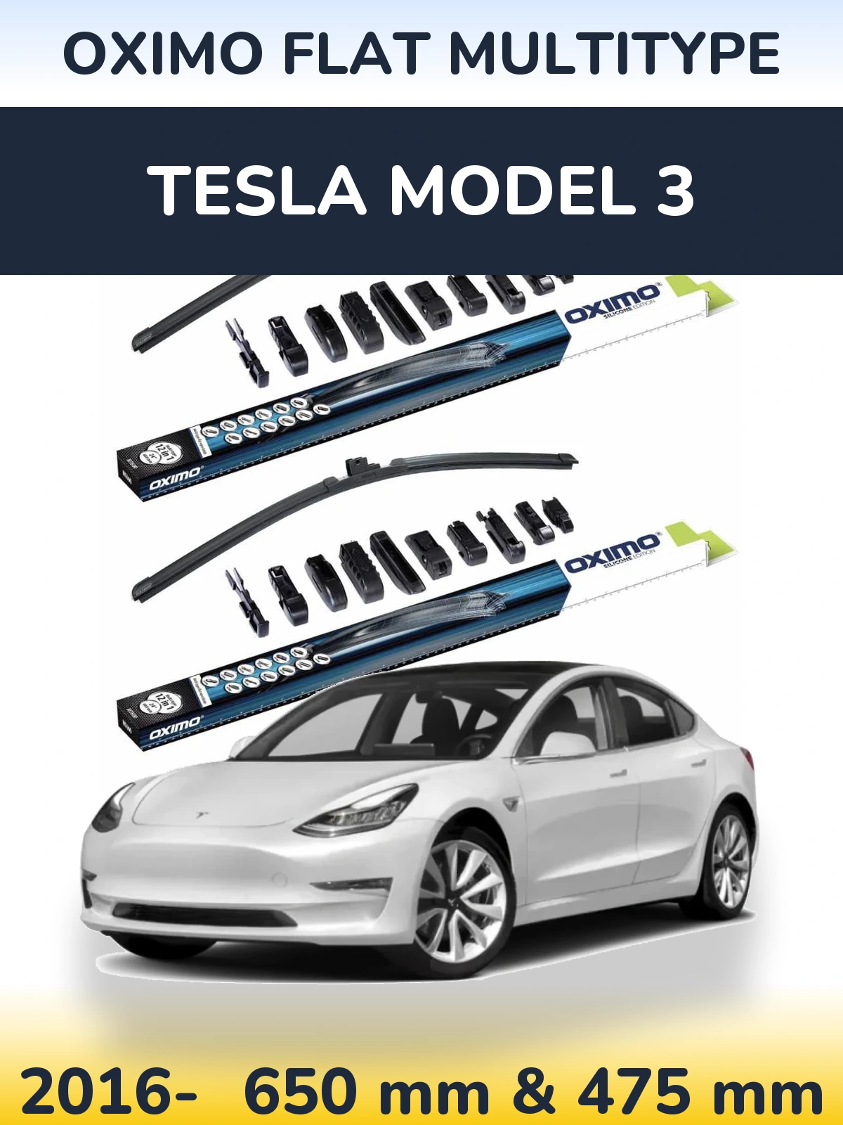 Front wiper blade set Oximo Flat MultiTypee 650 & 475 мм for Tesla Model 3 2016-2026