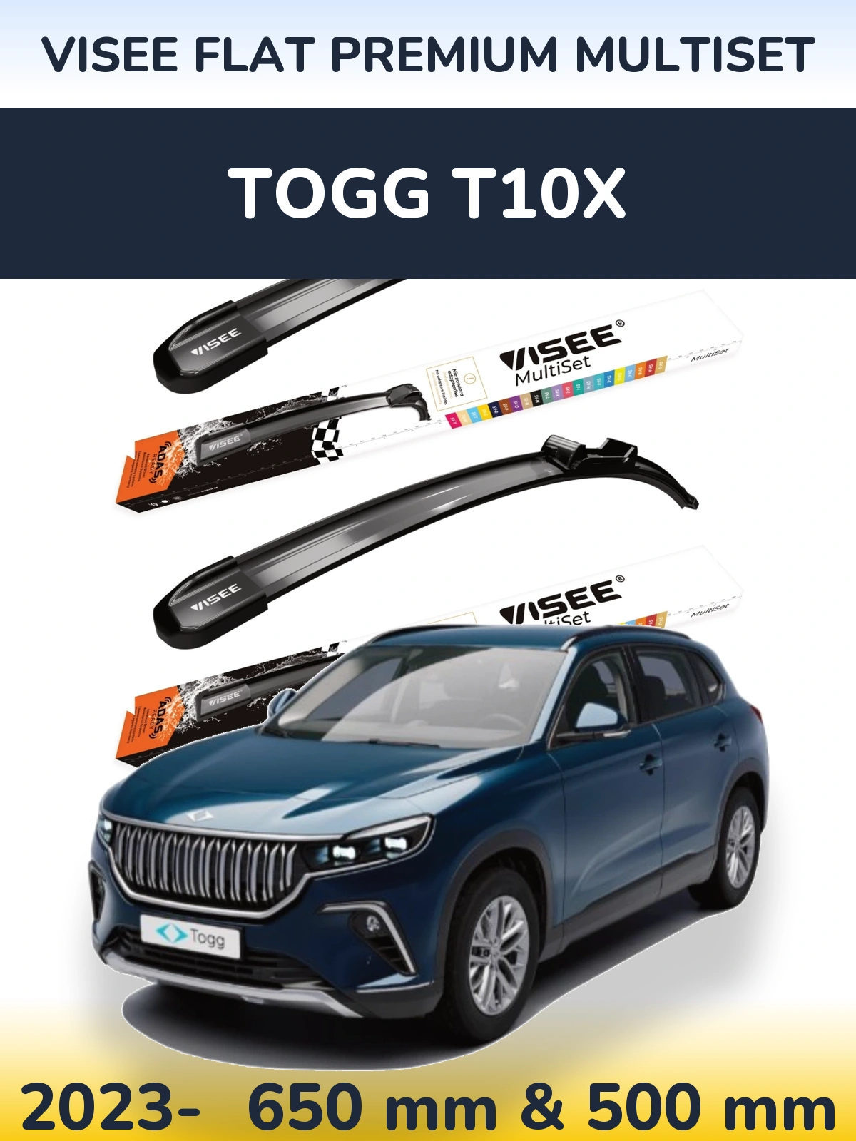 Комплект передніх щіток VISEE FLAT PREMIUM MultiSet 650 & 500 мм для TOGG T10X 2023-2026