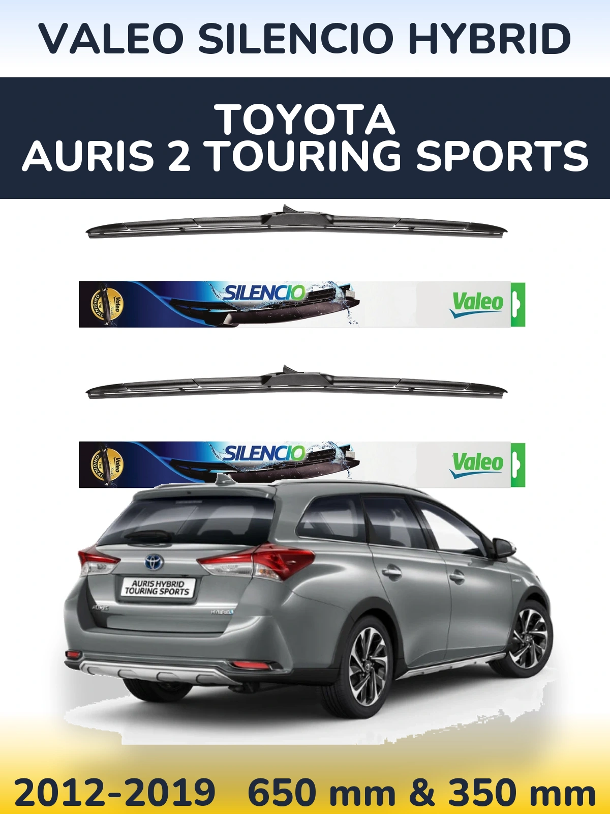 Front wiper blade set Valeo Silencio Hybrid 650 & 350 мм for Toyota Auris 2 Touring Sports 2012-2019