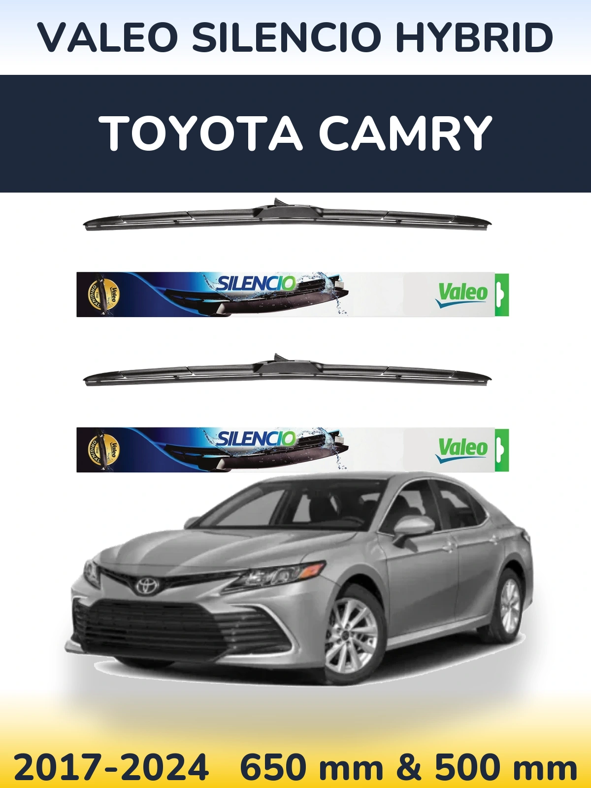 Front wiper blade set Valeo Silencio Hybrid 650 & 500 mm for Toyota Camry 2017-2024