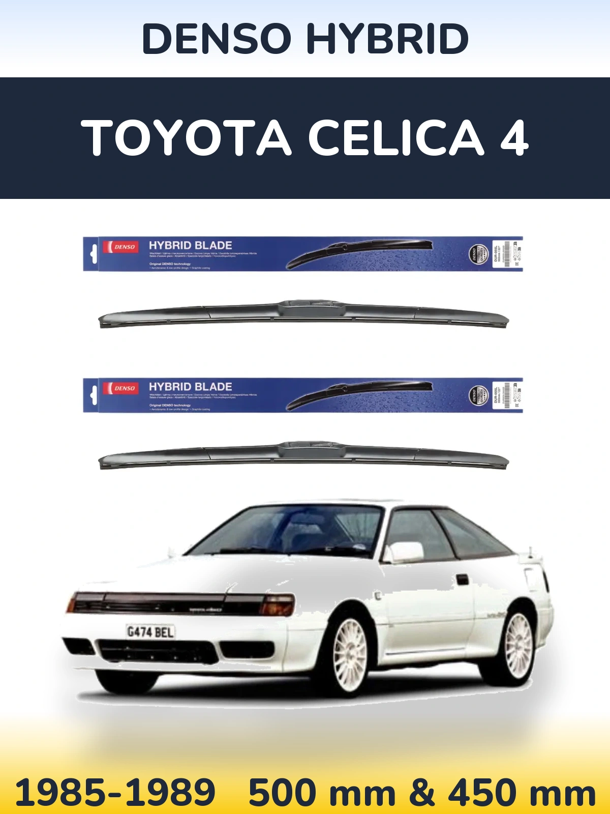 Front wiper blade set Denso Hybrid 500 & 450 mm for Toyota Celica 4 1985-1989
