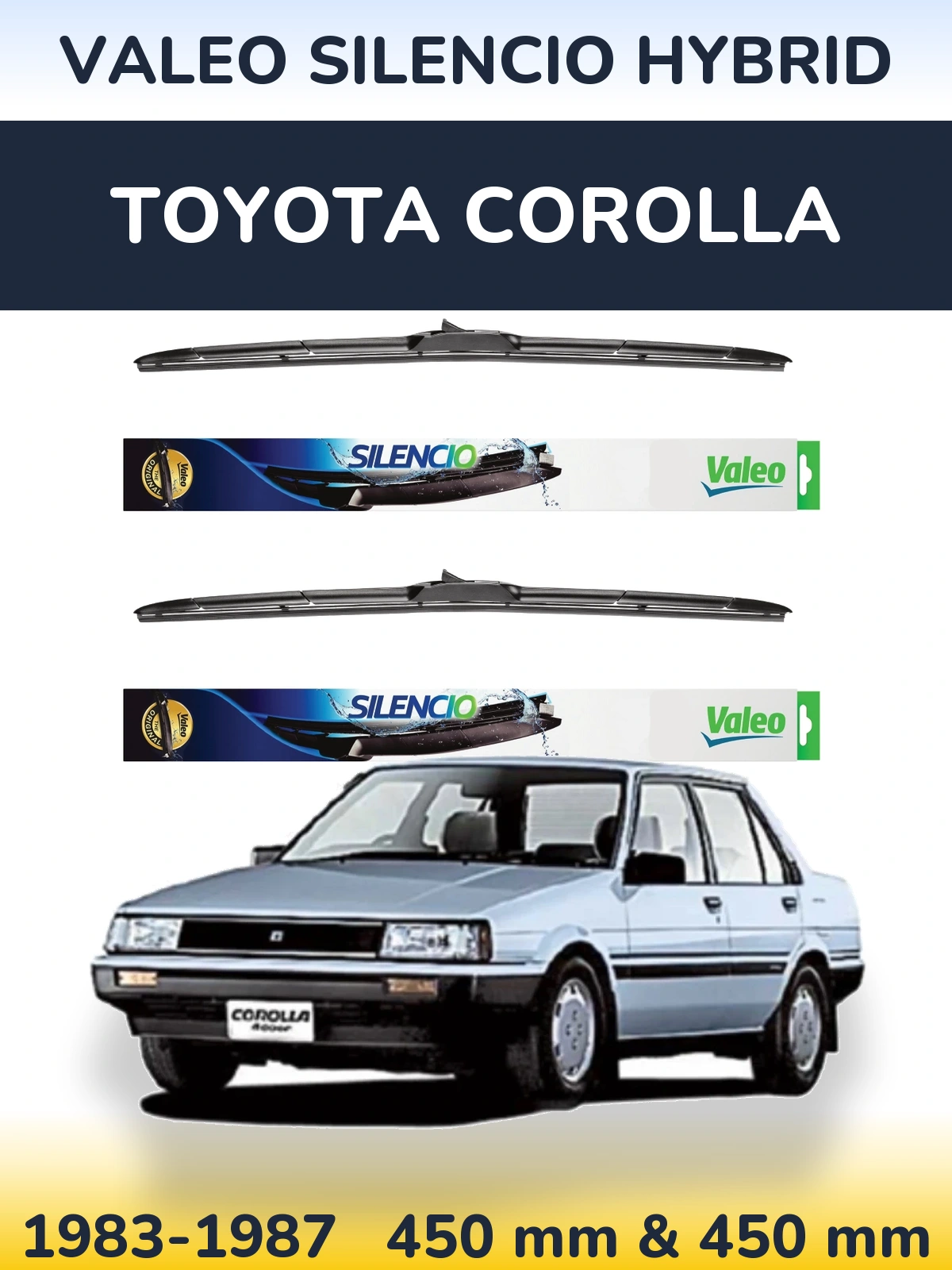 Komplet przednich wycieraczek Valeo Silencio Hybrid 450 & 450 mm do Toyota Corolla 1983-1987