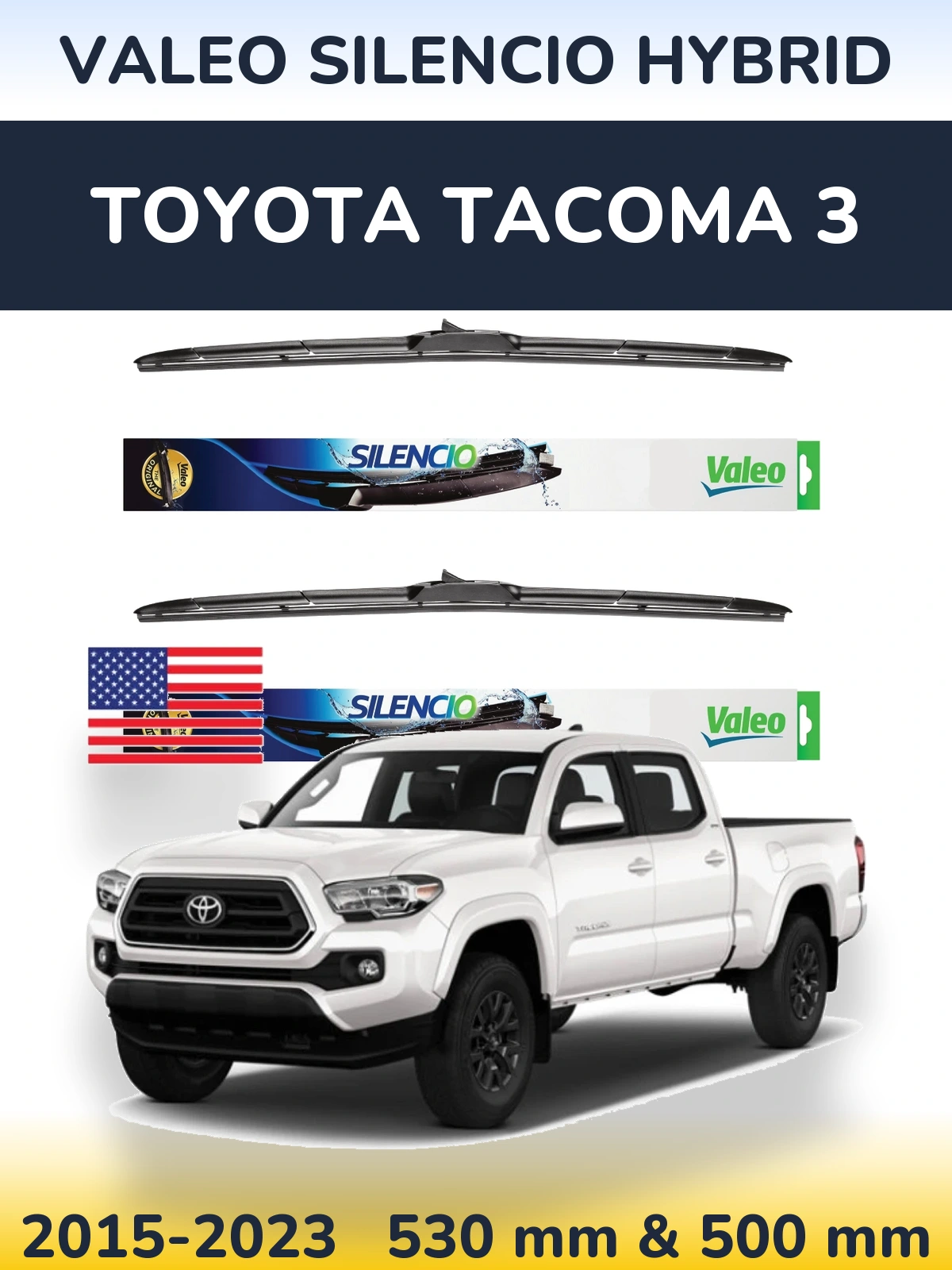 Front wiper blade set Valeo Silencio Hybrid 530 & 500 мм for Toyota Tacoma 3 2015-2023