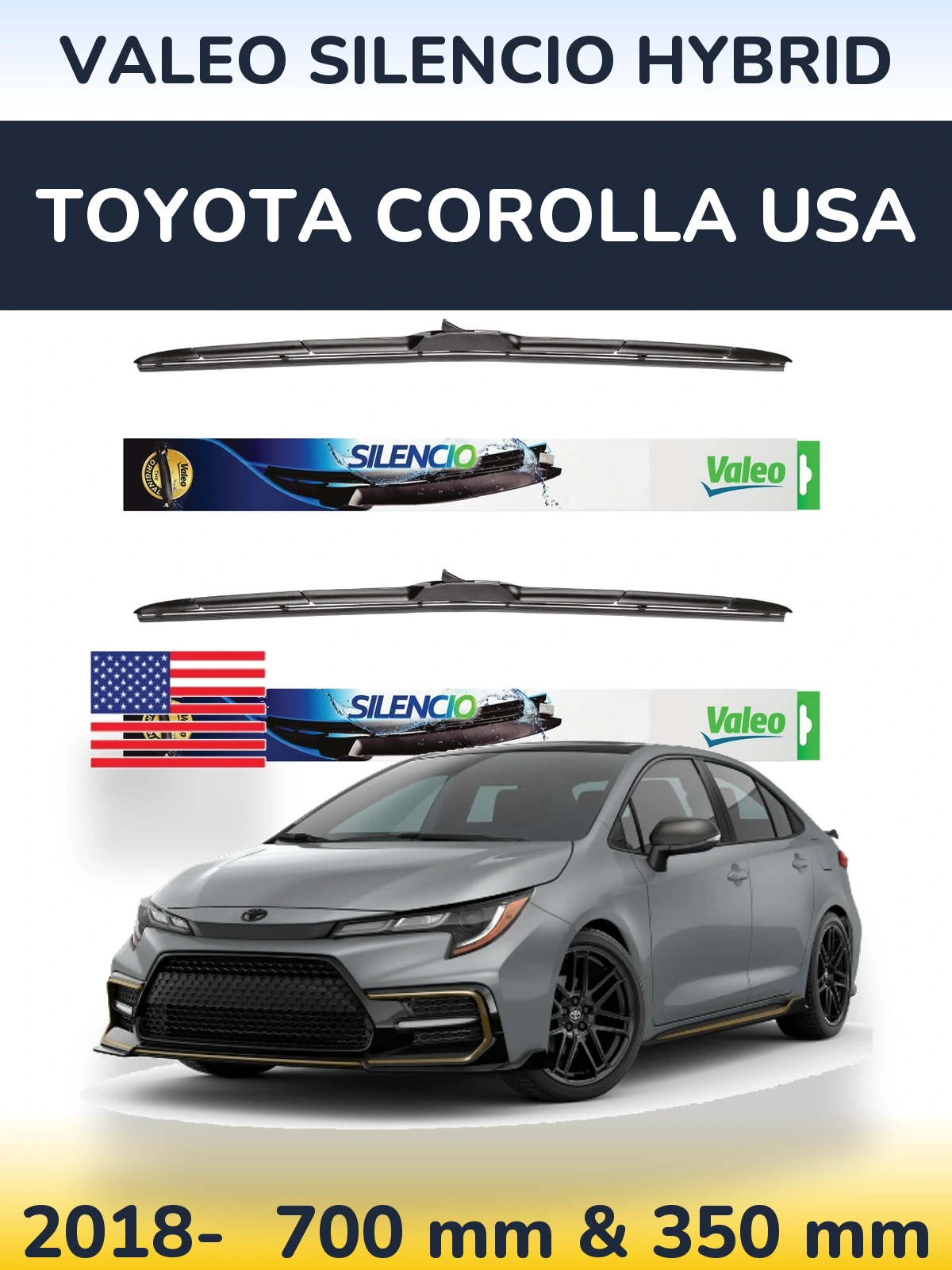 Komplet przednich wycieraczek Valeo Silencio Hybrid 700 & 350 mm do Toyota Corolla USA 2018-2026
