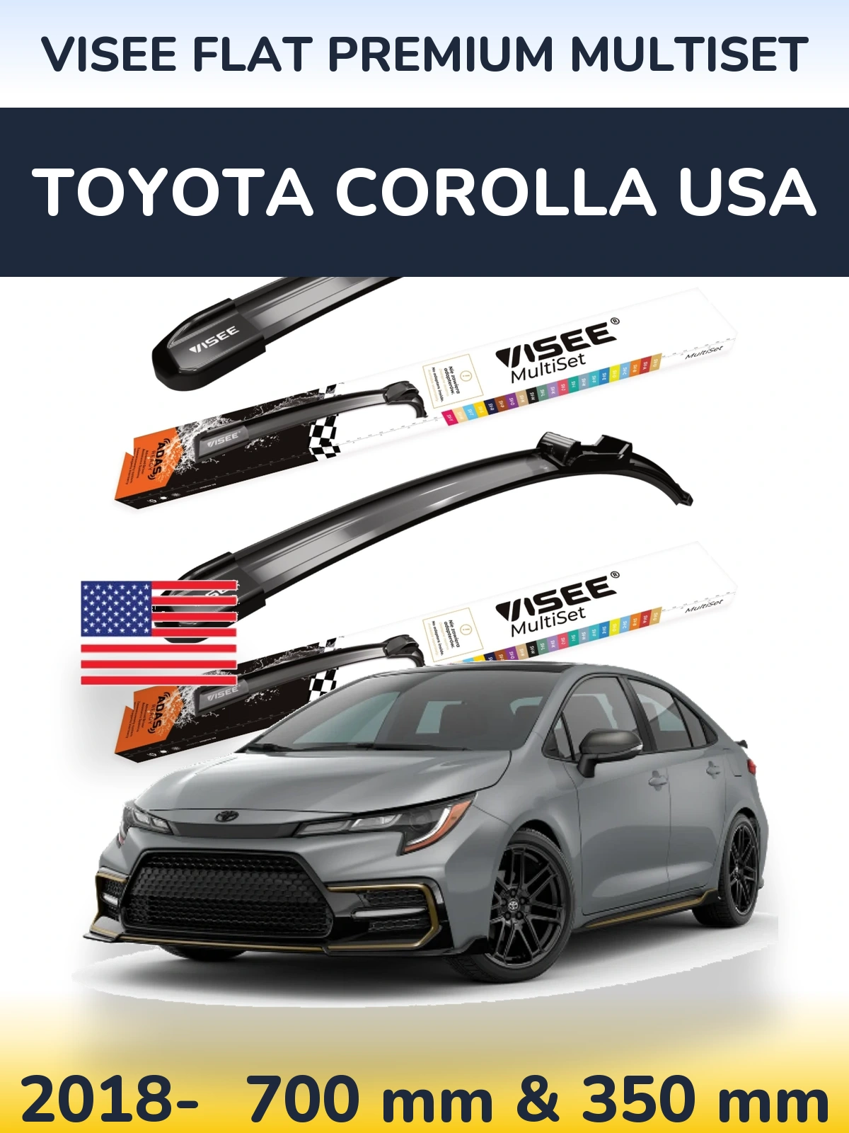 Комплект передних дворников VISEE FLAT PREMIUM MultiSet 700 & 350 мм для Toyota Corolla USA 2018-2026