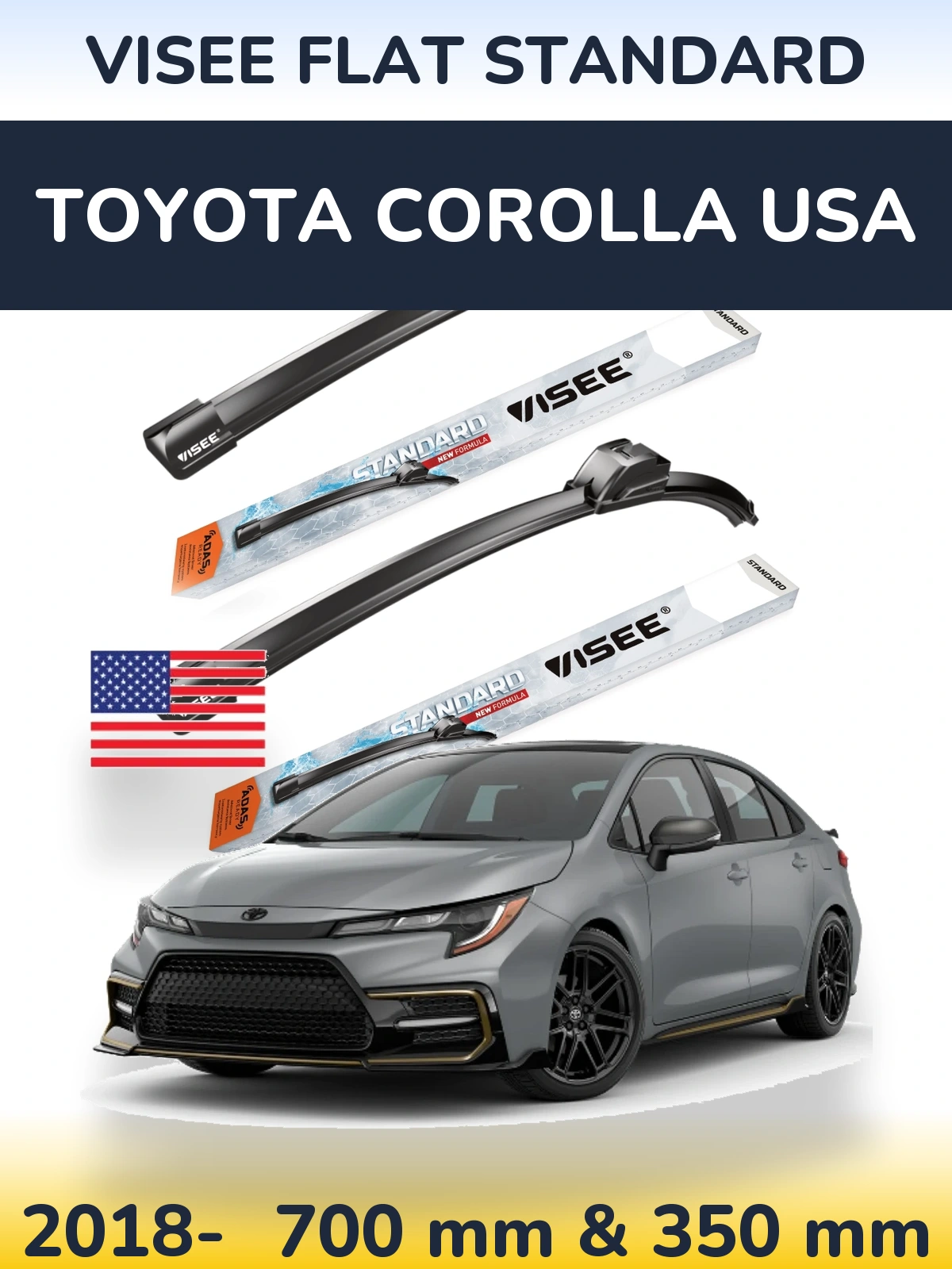 Комплект передних дворников VISEE FLAT STANDARD 700 & 350 мм для Toyota Corolla USA 2018-2026