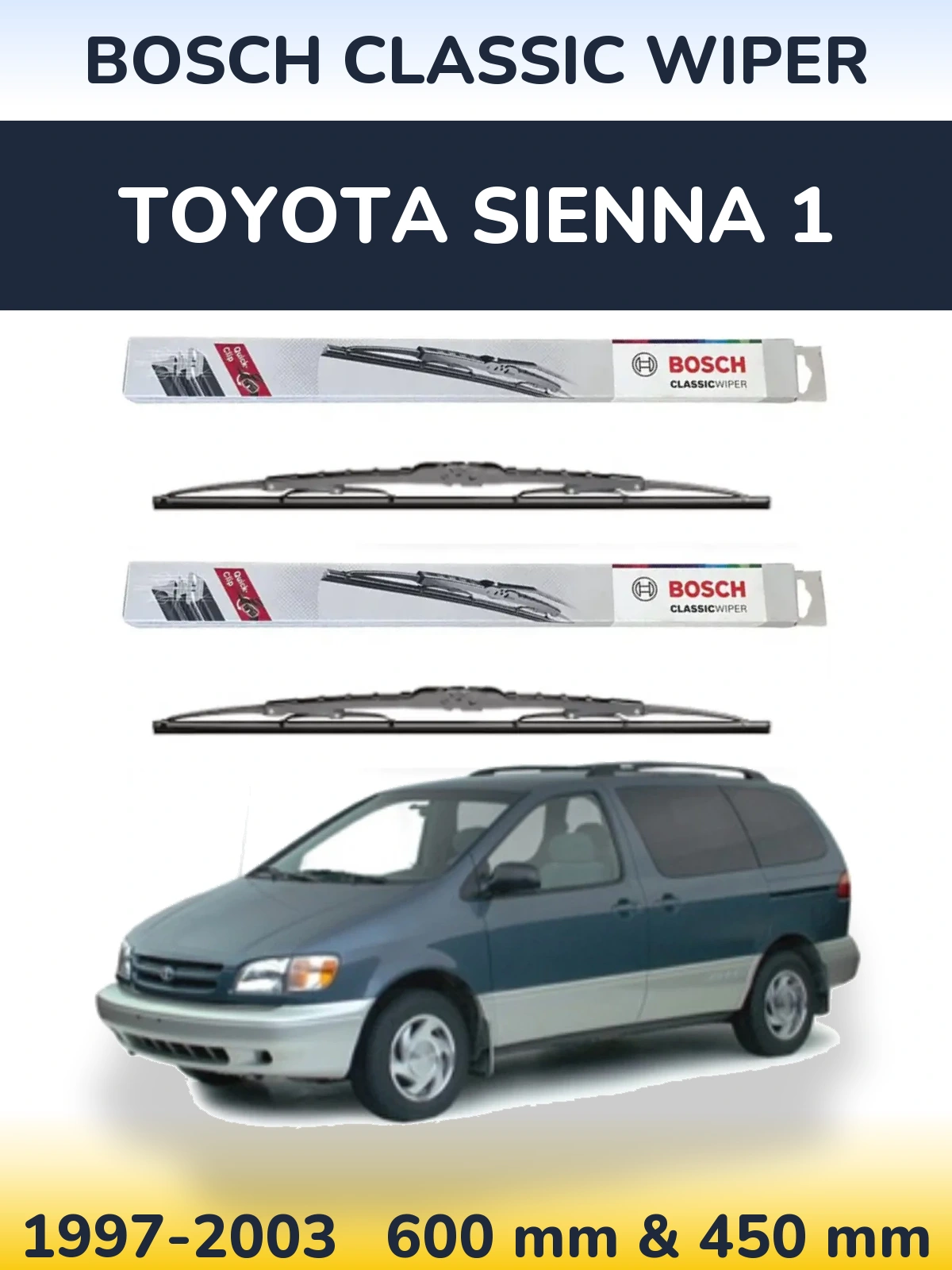 Front wiper blade set BOSCH Classic Wiper 600 & 450 mm for Toyota Sienna 1 1997-2003