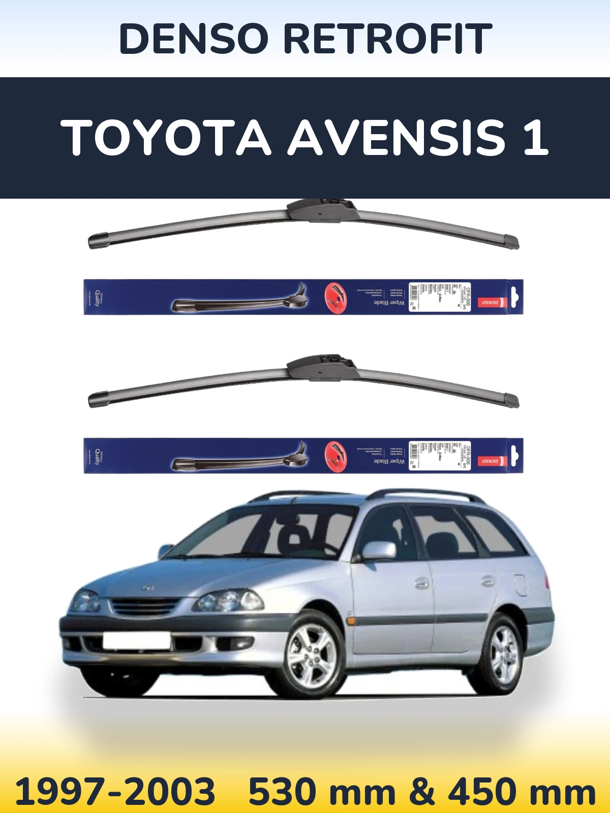 Front wiper blade set Denso Retrofit 530 & 450 mm for Toyota Avensis 1 1997-2003