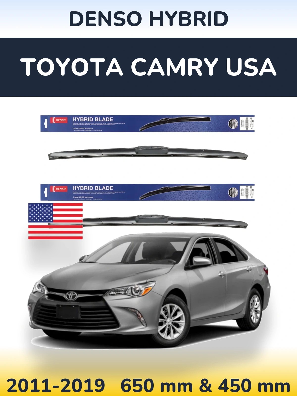 Front wiper blade set Denso Hybrid 650 & 450 mm for Toyota Camry USA 2011-2019