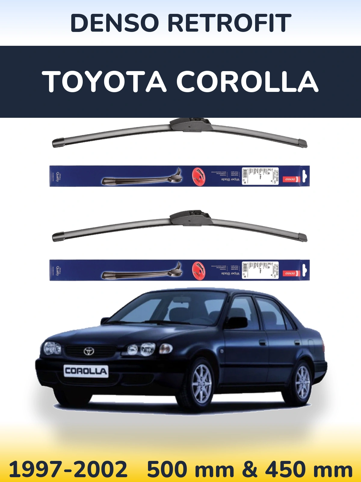 Front wiper blade set Denso Retrofit 500 & 450 mm for Toyota Corolla 1997-2002