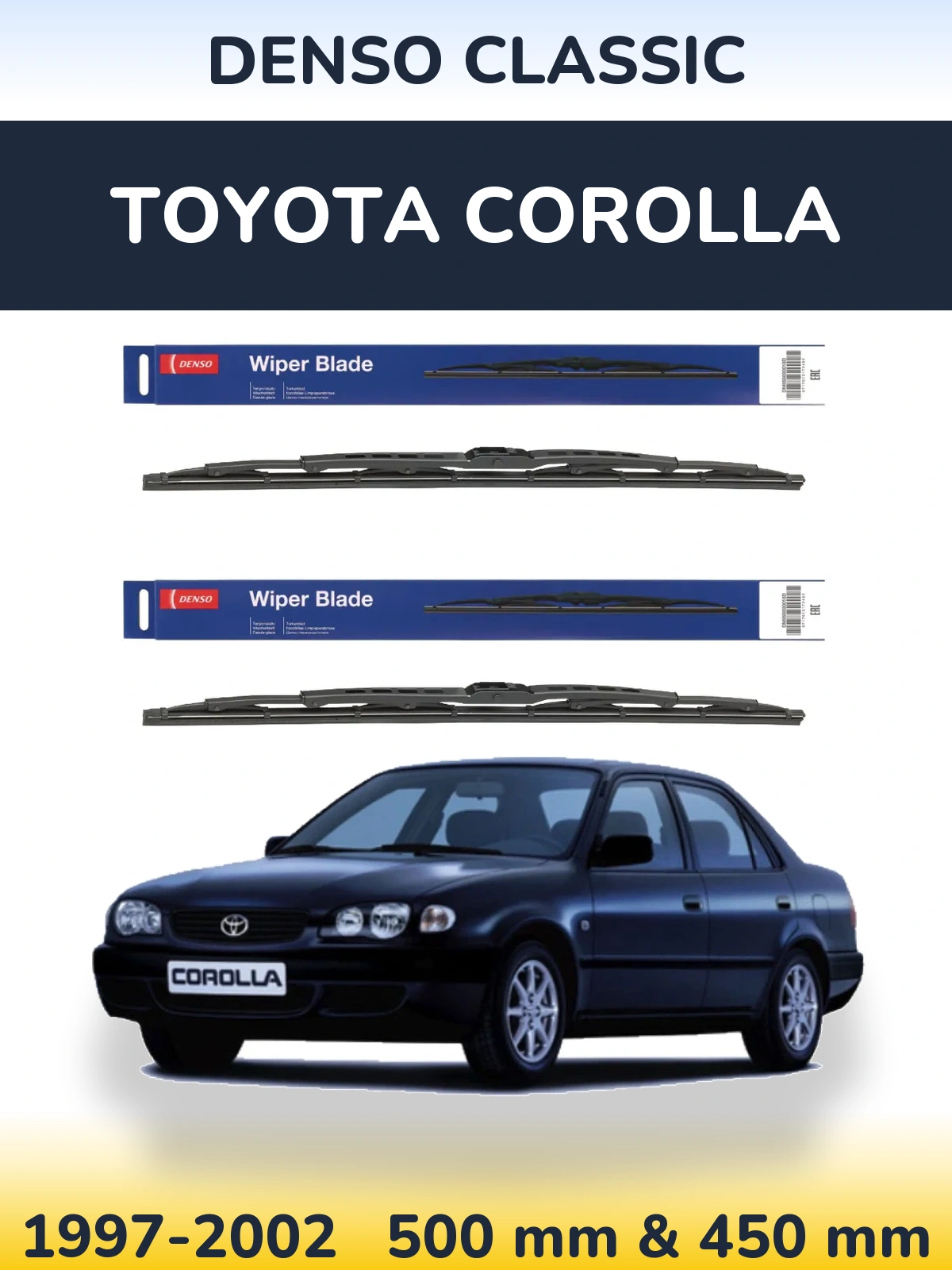 Front wiper blade set Denso Classic 500 & 450 mm for Toyota Corolla 1997-2002
