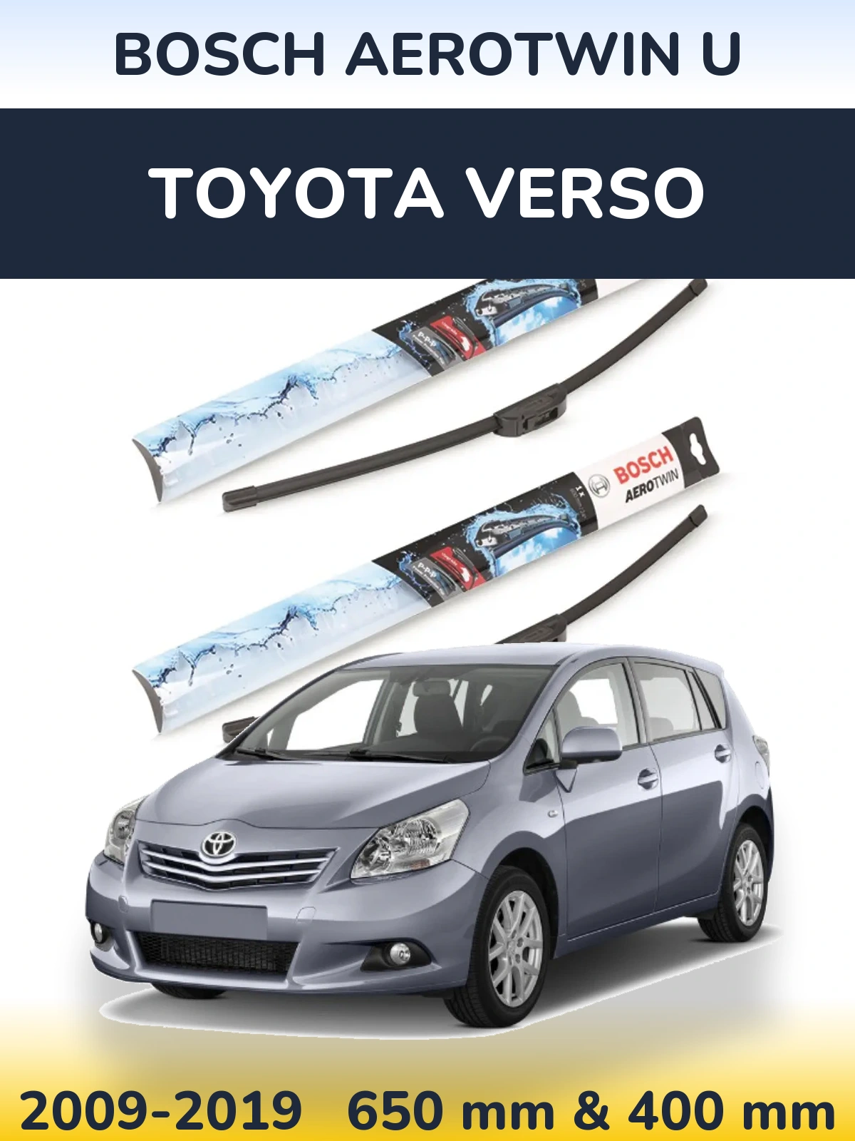 Front wiper blade set BOSCH AeroTwin U 650 & 400 mm for Toyota Verso 2009-2019