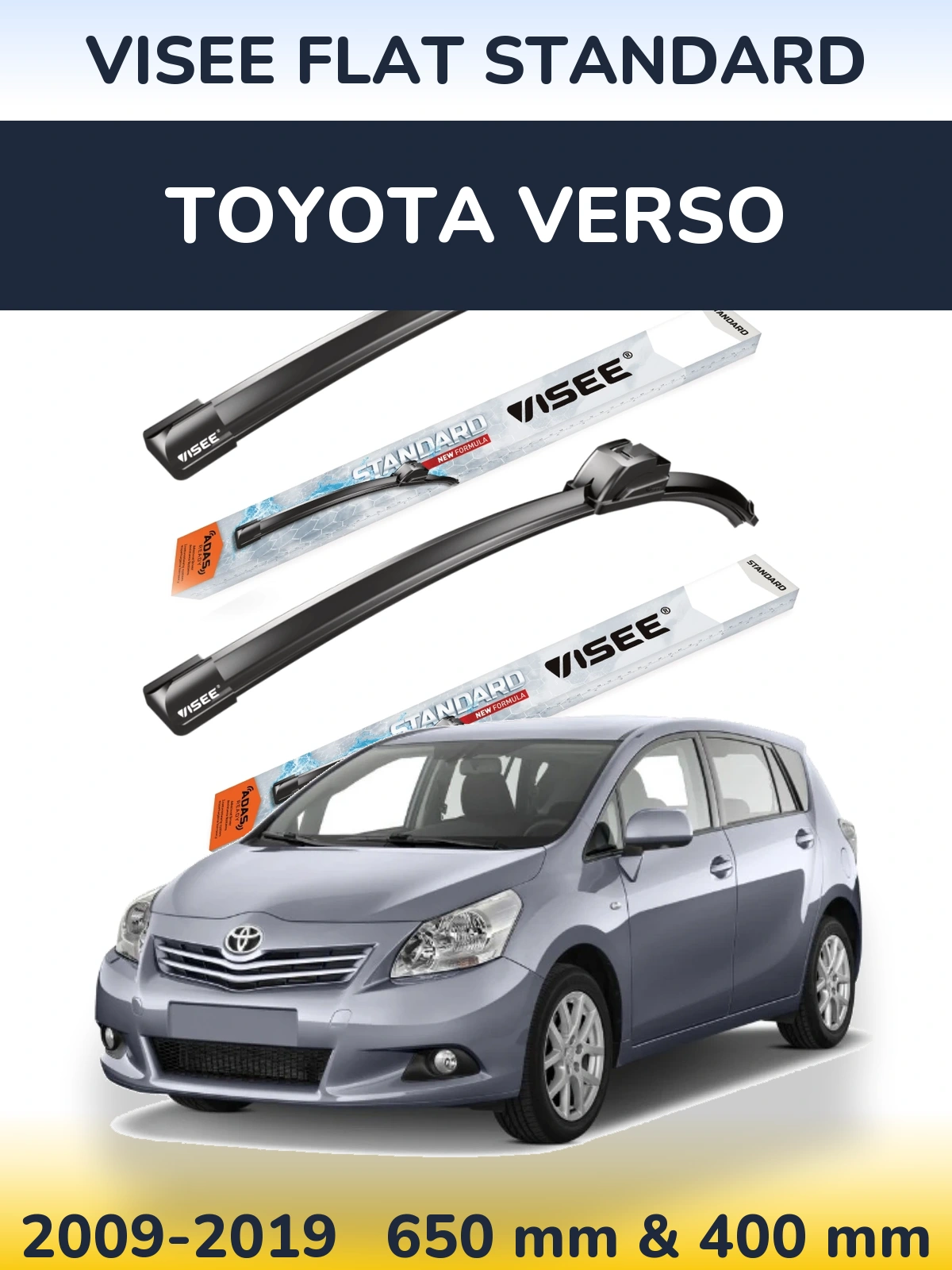 Front wiper blade set VISEE FLAT STANDARD 650 & 400 mm for Toyota Verso 2009-2019