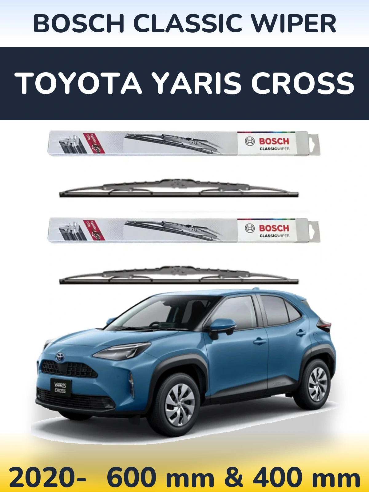 Front wiper blade set BOSCH Classic Wiper 600 & 400 мм for Toyota Yaris Cross 2020-2026