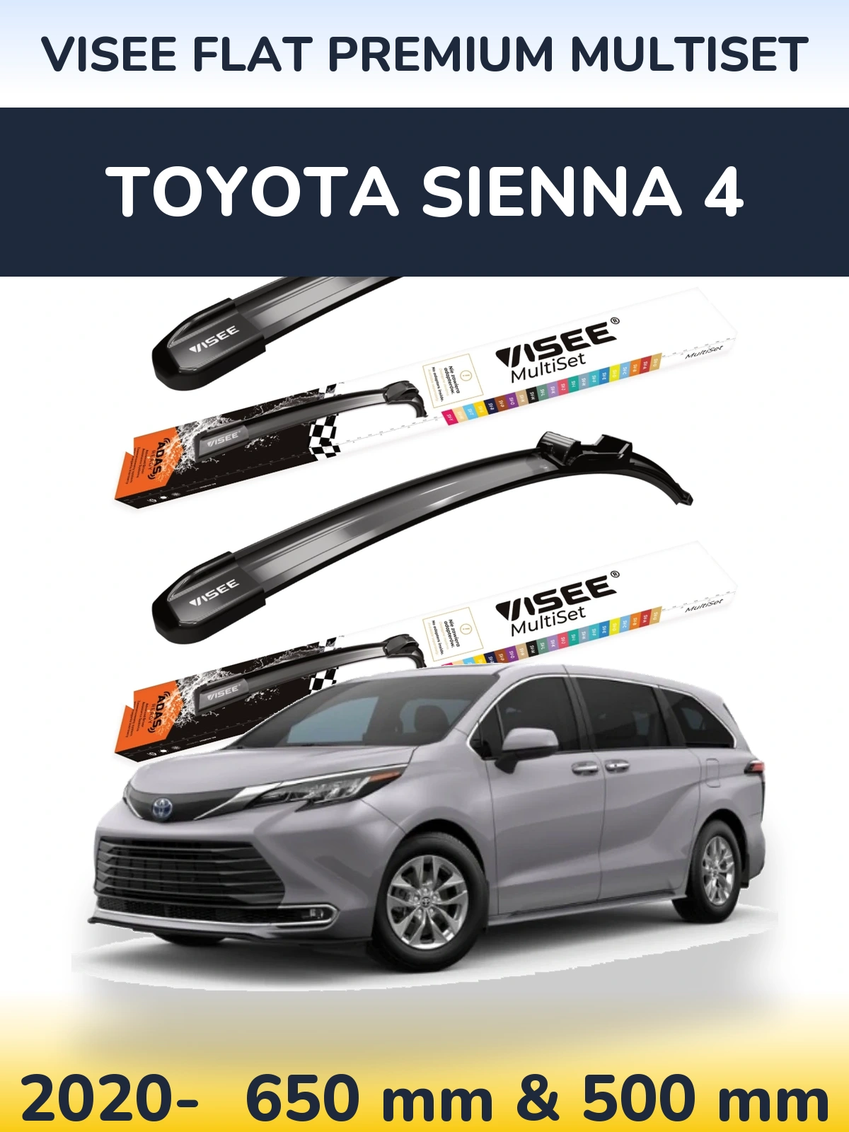 Front wiper blade set VISEE FLAT PREMIUM MultiSet 650 & 500 мм for Toyota Sienna 4 2020-2026