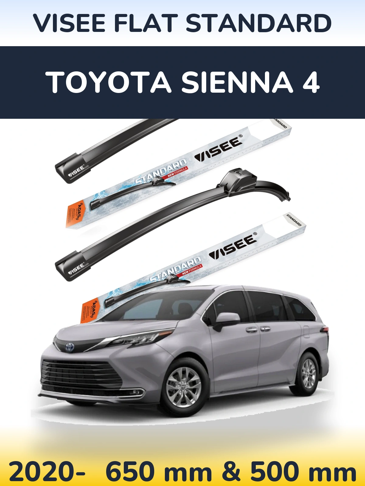Комплект передних дворников VISEE FLAT STANDARD 650 & 500 мм для Toyota Sienna 4 2020-2026