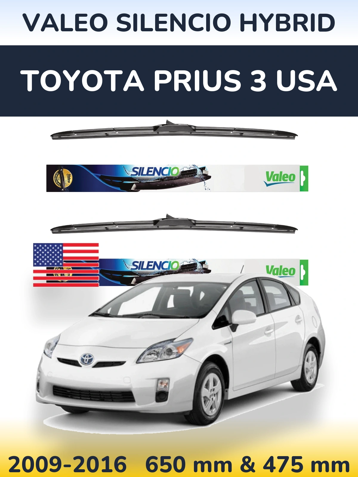 Komplet przednich wycieraczek Valeo Silencio Hybrid 650 & 475 mm do Toyota Prius 3 USA 2009-2016