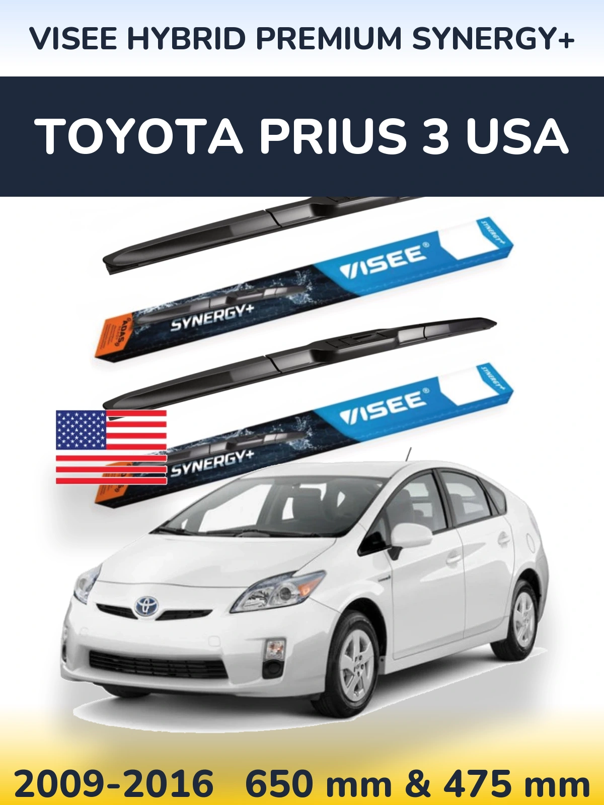 Komplet przednich wycieraczek VISEE HYBRID PREMIUM SYNERGY+ 650 & 475 mm do Toyota Prius 3 USA 2009-2016
