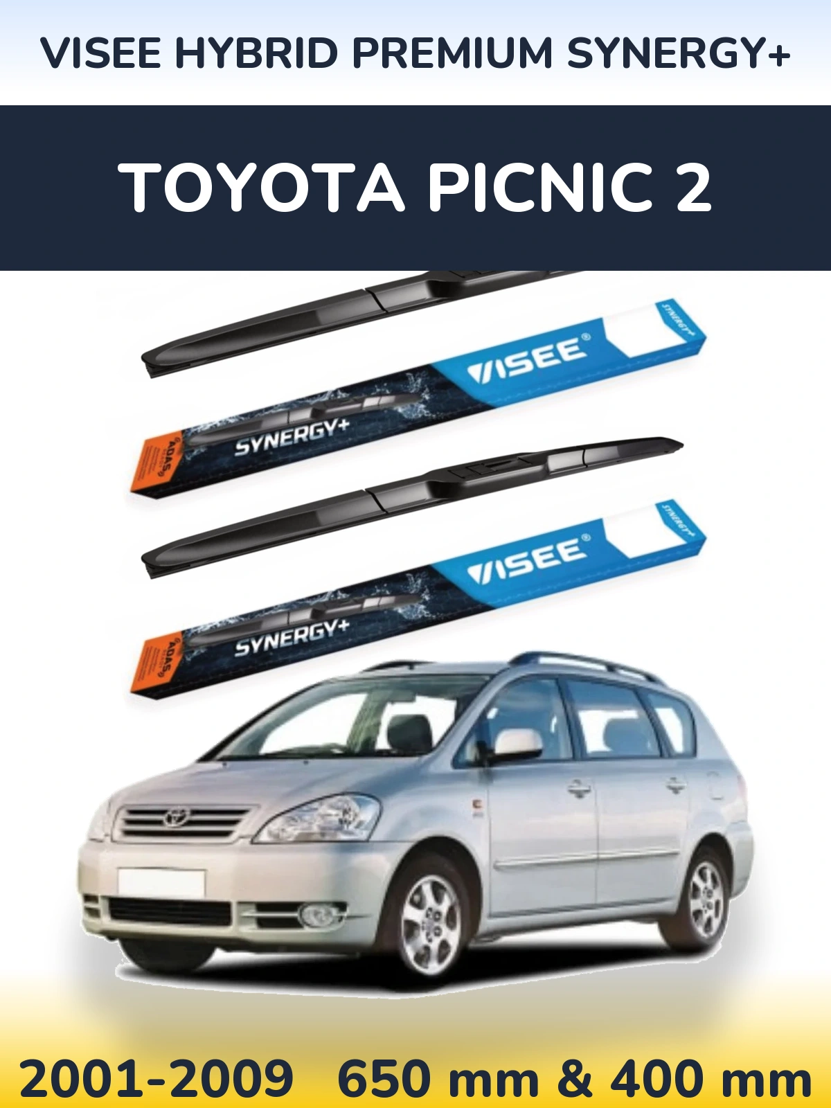 Front wiper blade set VISEE HYBRID PREMIUM SYNERGY+ 650 & 400 мм for Toyota Picnic 2 2001-2009