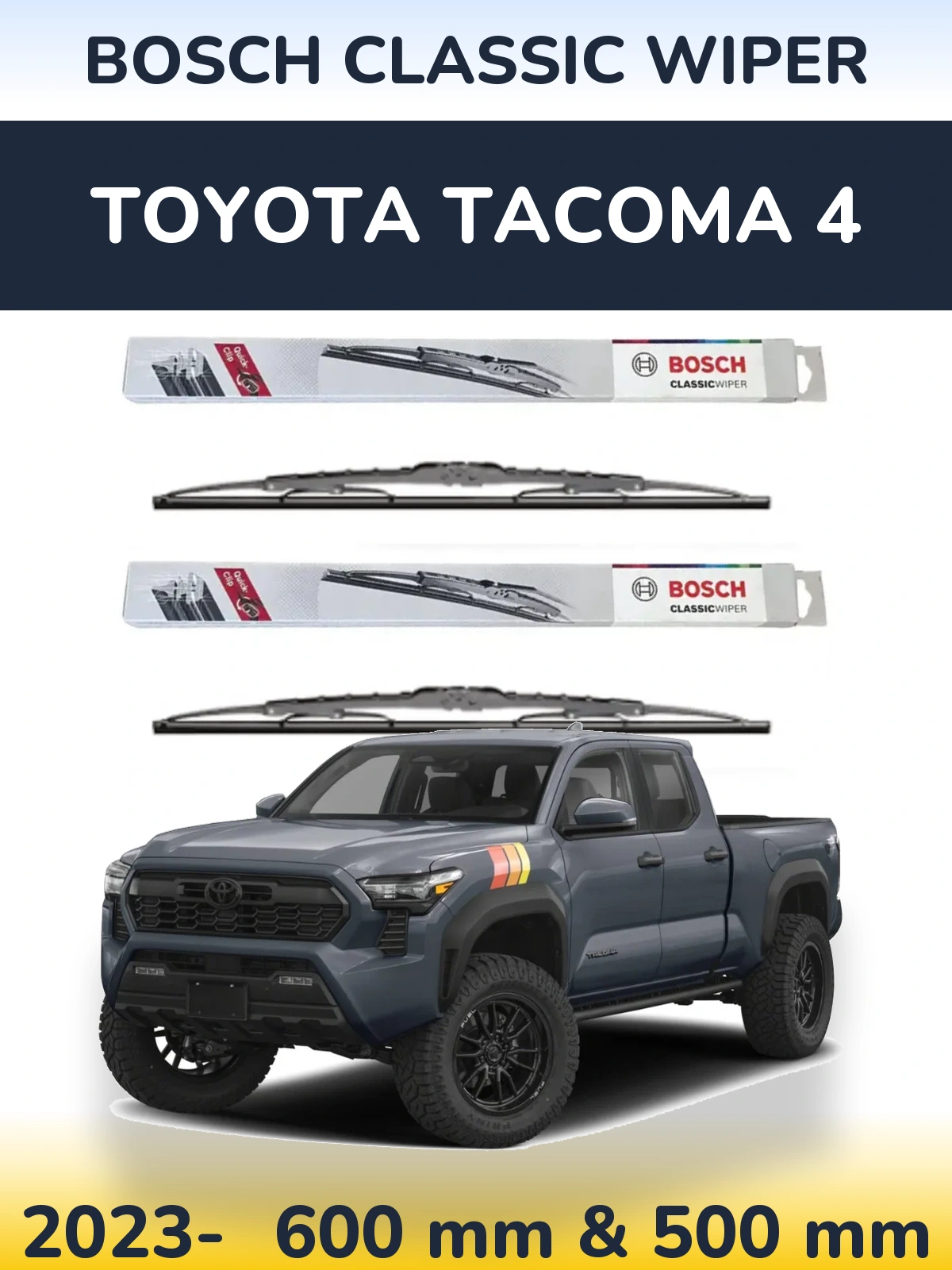 Комплект передних дворников BOSCH Classic Wiper 600 & 500 мм для Toyota Tacoma 4 2023-2026