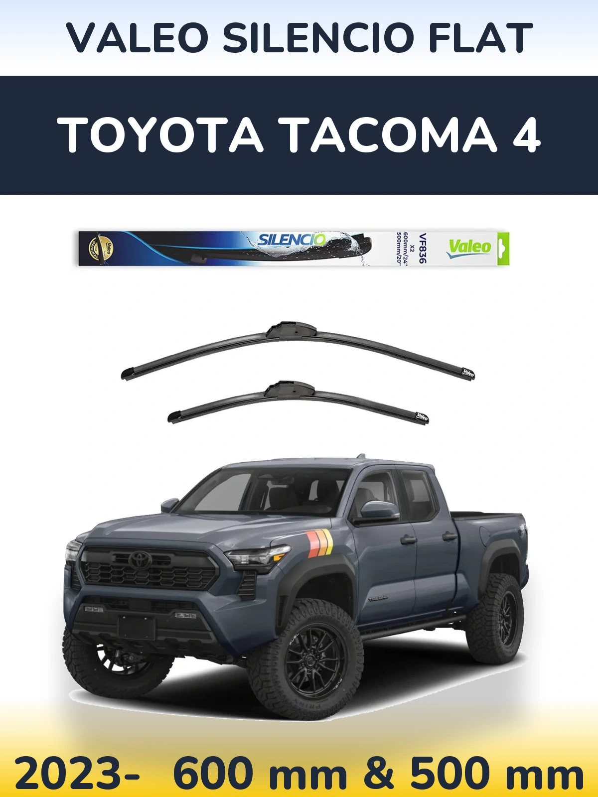 Front wiper blade set Valeo Silencio Flat 600 & 500 mm for Toyota Tacoma 4 2023-2026
