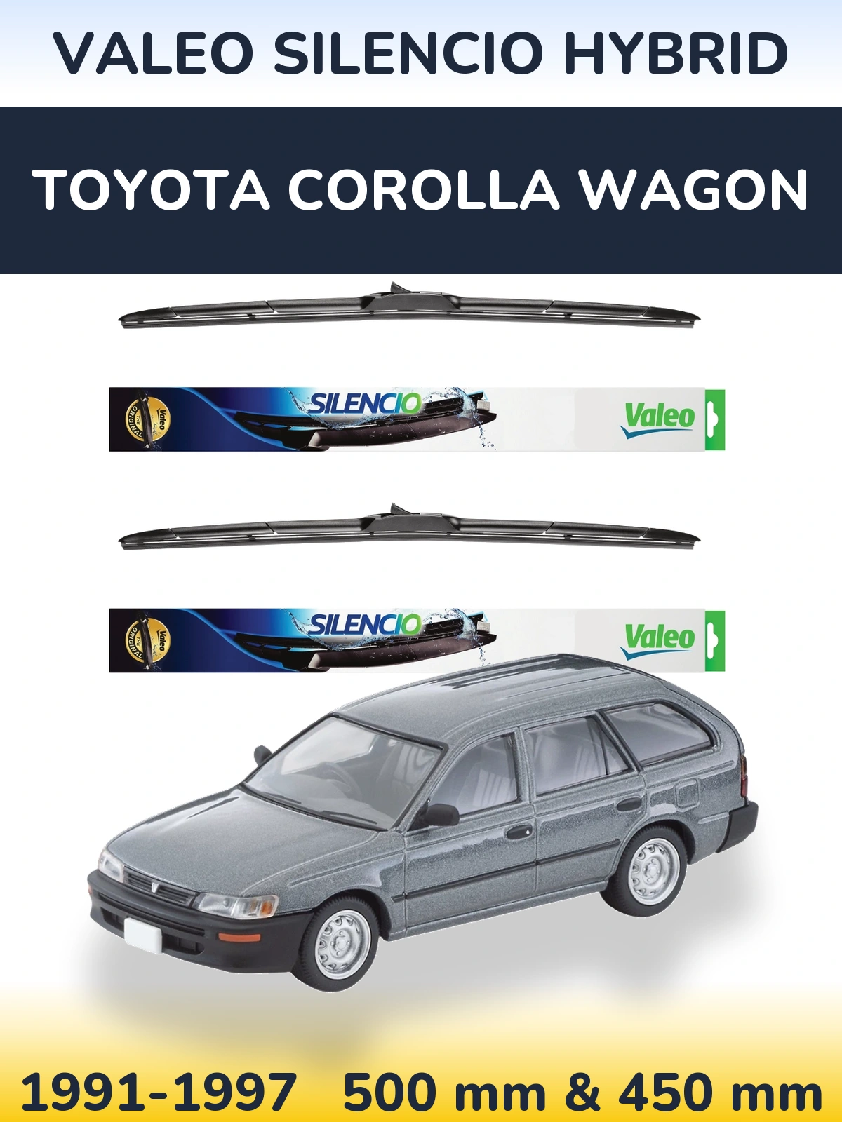 Комплект передніх щіток Valeo Silencio Hybrid 500 & 450 мм для Toyota Corolla Wagon 1991-1997