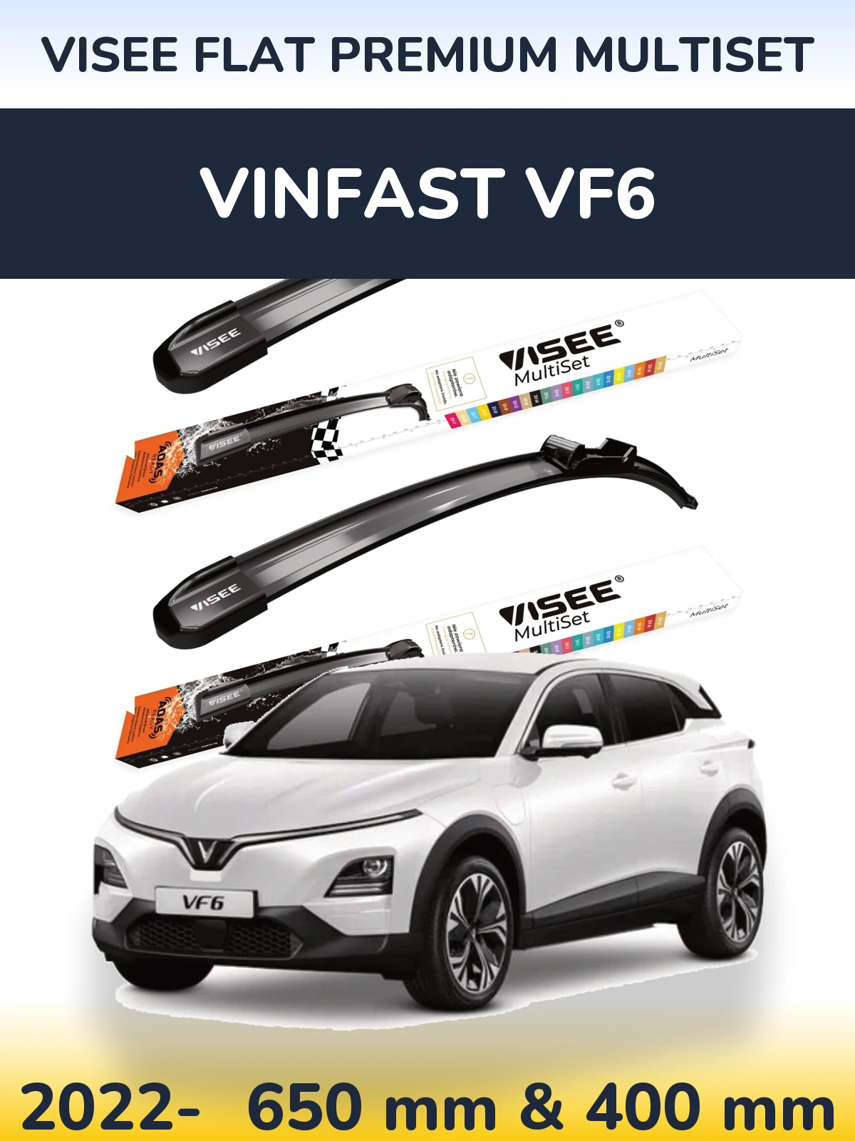 Front wiper blade set VISEE FLAT PREMIUM MultiSet 650 & 400 мм for Vinfast VF6 2022-2026