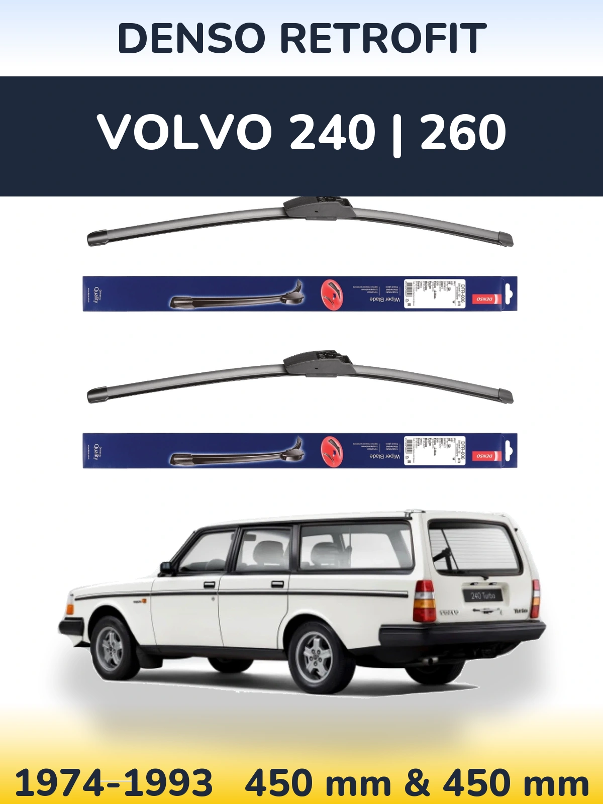 Front wiper blade set Denso Retrofit 450 & 450 mm for Volvo 240 | 260 1974-1993