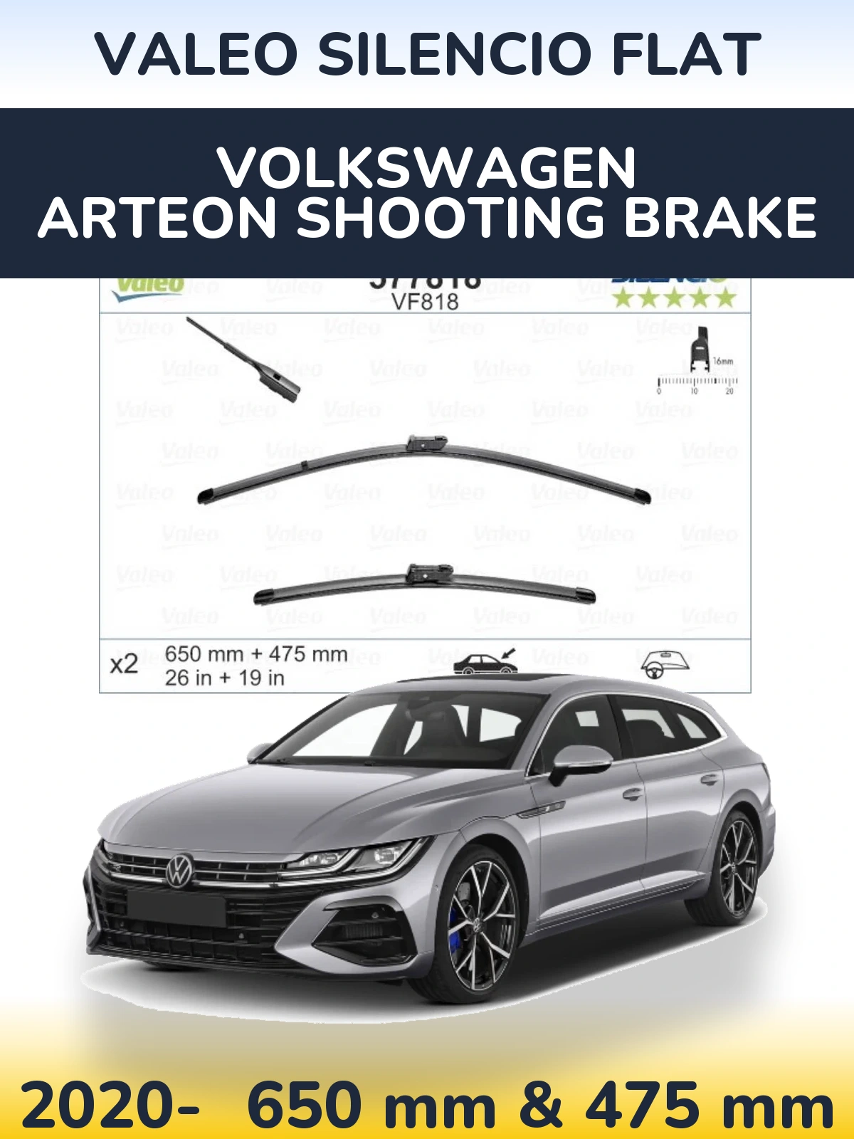 Front wiper blade set Valeo Silencio Flat 650 & 475 mm for Volkswagen Arteon Shooting Brake 2020-2026