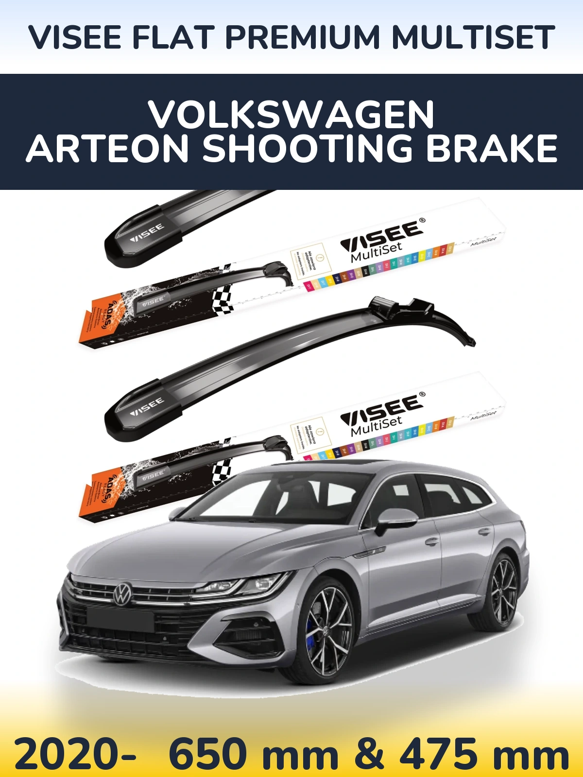 Front wiper blade set VISEE FLAT PREMIUM MultiSet 650 & 475 mm for Volkswagen Arteon Shooting Brake 2020-2026