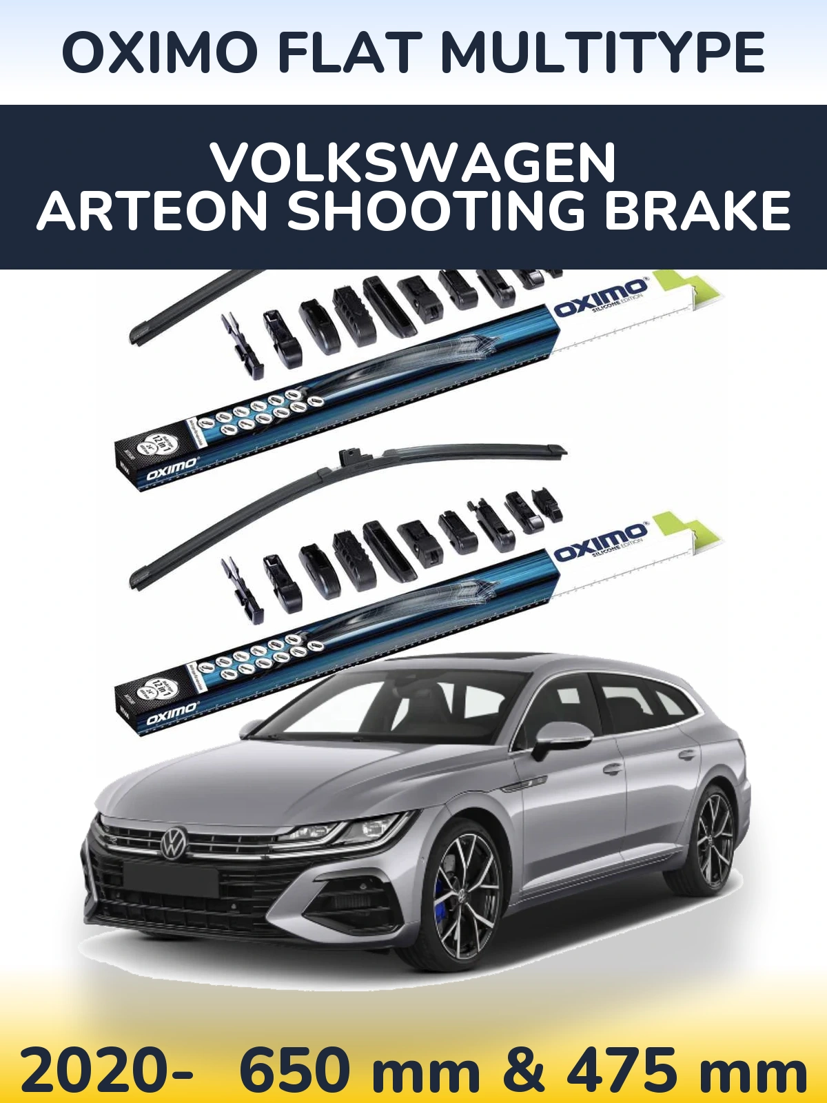Front wiper blade set Oximo Flat MultiTypee 650 & 475 мм for Volkswagen Arteon Shooting Brake 2020-2026