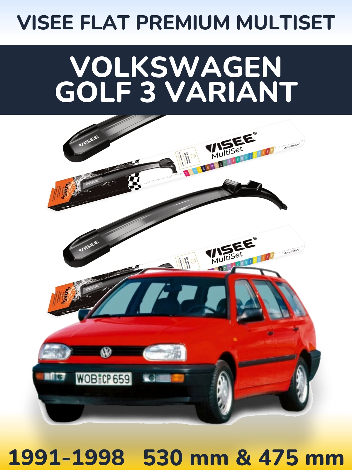 Комплект передніх щіток VISEE FLAT PREMIUM MultiSet 530 & 475 мм для Volkswagen Golf 3 Variant 1991-1998