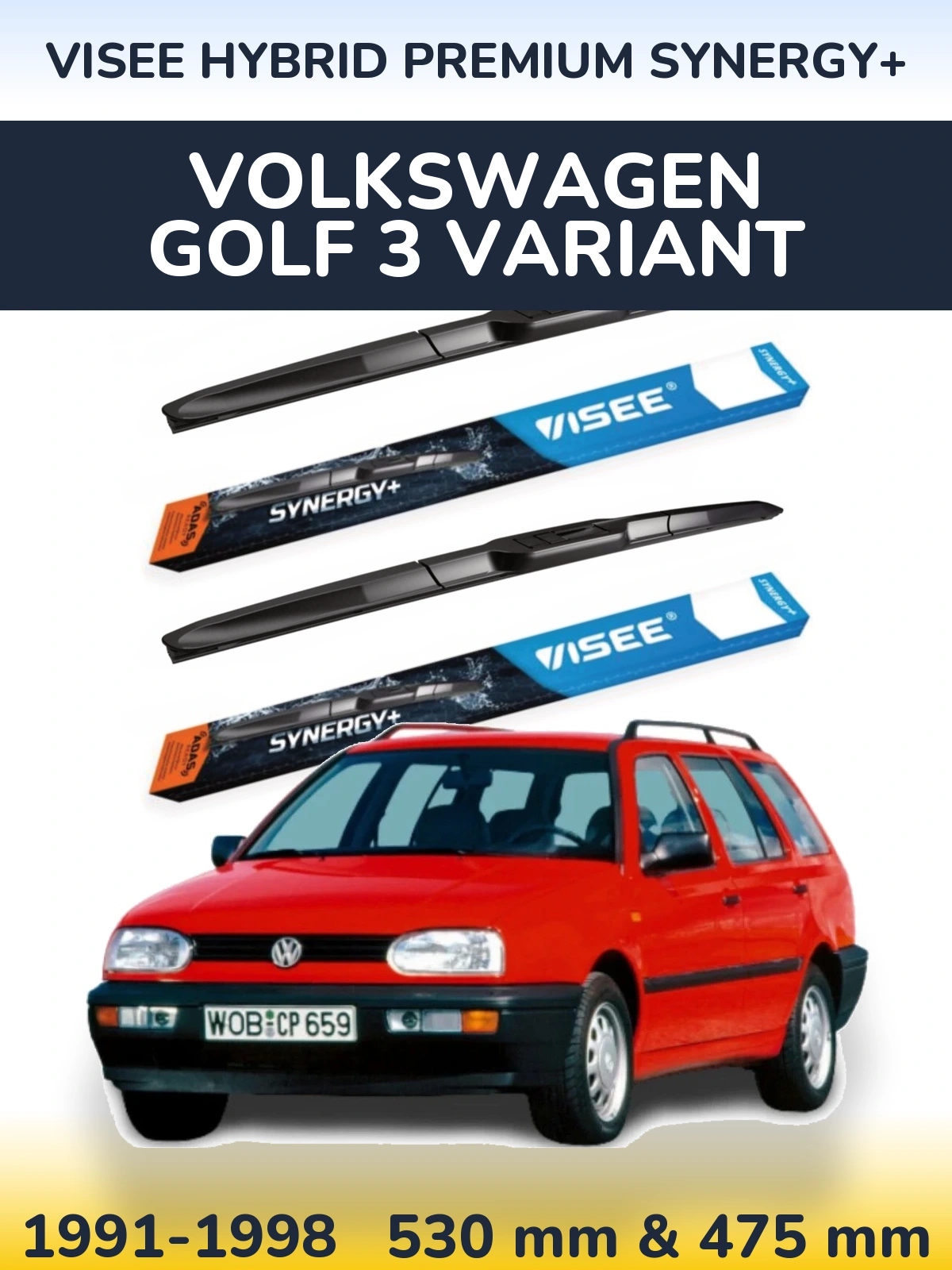 Front wiper blade set VISEE HYBRID PREMIUM SYNERGY+ 530 & 475 мм for Volkswagen Golf 3 Variant 1991-1998