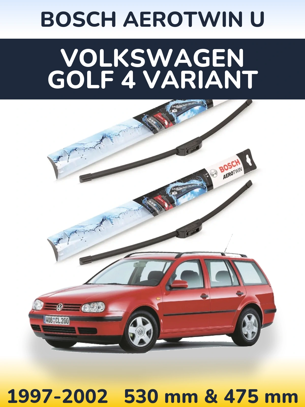 Комплект передних дворников BOSCH AeroTwin U 530 & 475 мм для Volkswagen Golf 4 Variant 1997-2002