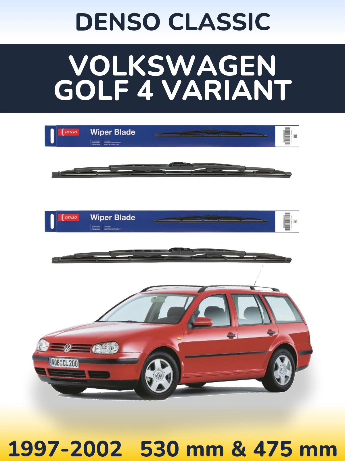 Front wiper blade set Denso Classic 530 & 475 mm for Volkswagen Golf 4 Variant 1997-2002