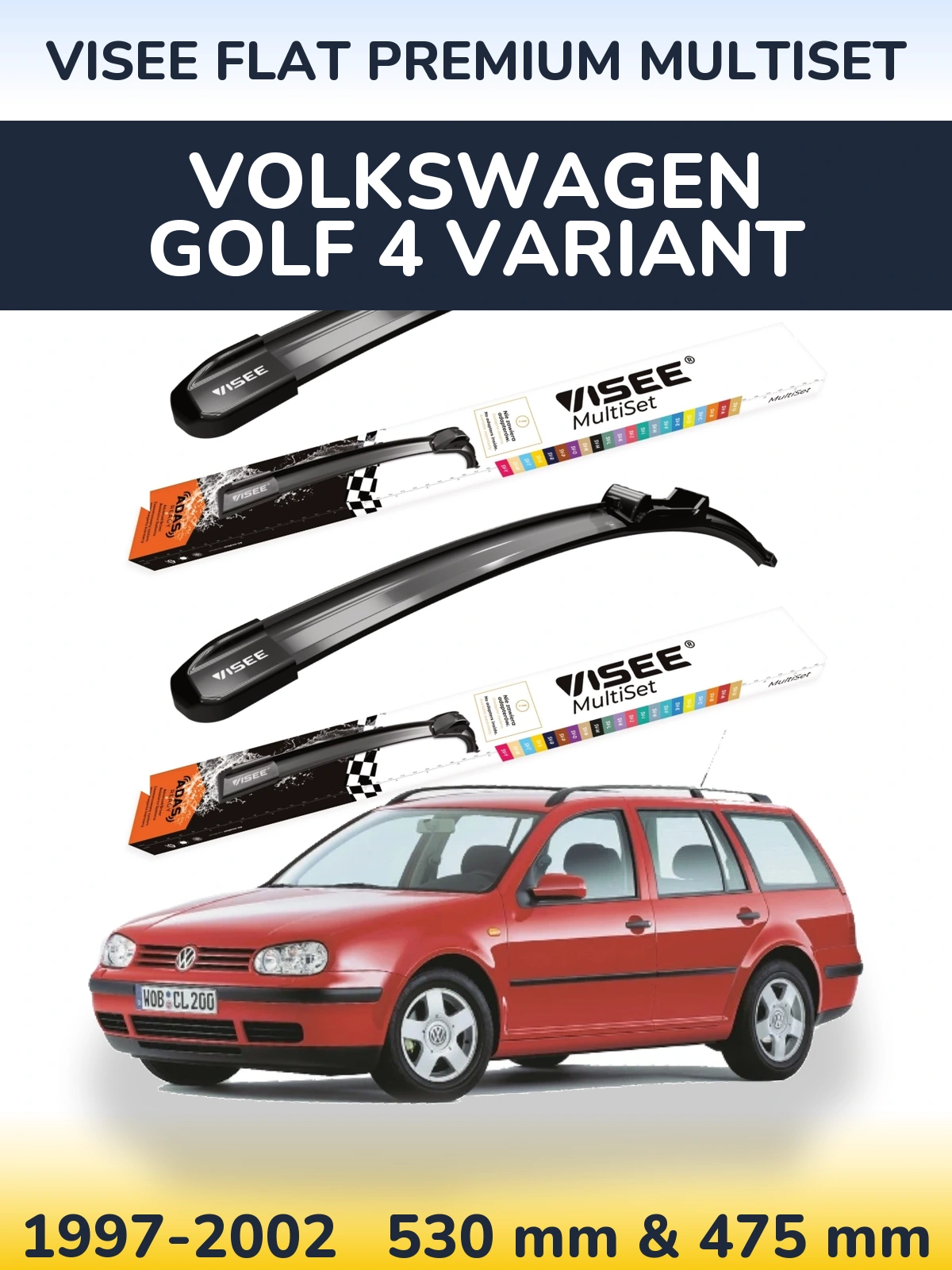 Комплект передних дворников VISEE FLAT PREMIUM MultiSet 530 & 475 мм для Volkswagen Golf 4 Variant 1997-2002