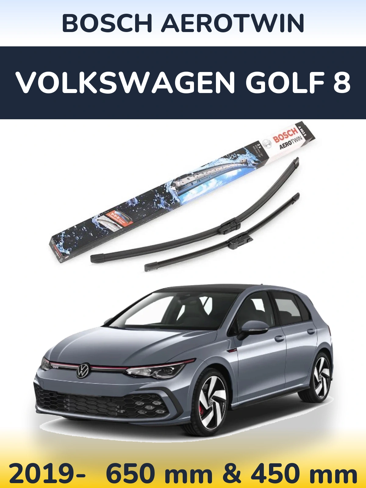 Комплект передніх щіток BOSCH AeroTwin 650 & 450 мм для Volkswagen Golf 8 2019-2026