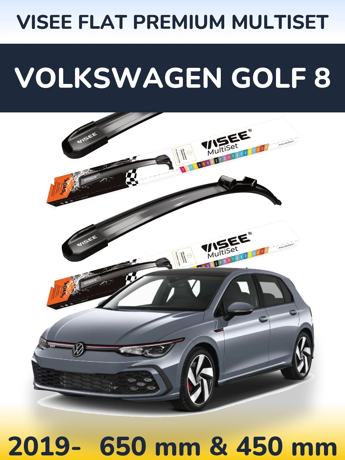 Комплект передних дворников VISEE FLAT PREMIUM MultiSet 650 & 450 мм для Volkswagen Golf 8 2019-2026