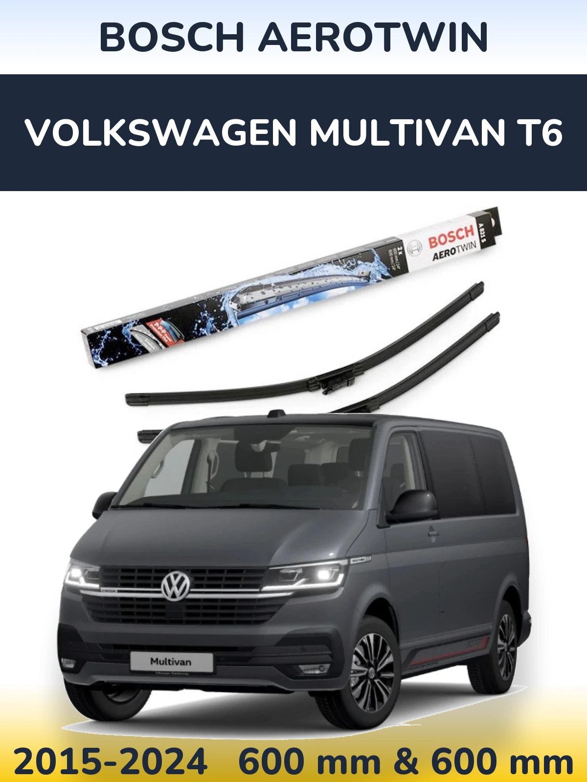 Front wiper blade set BOSCH AeroTwin 600 & 600 мм for Volkswagen Multivan T6 2015-2024