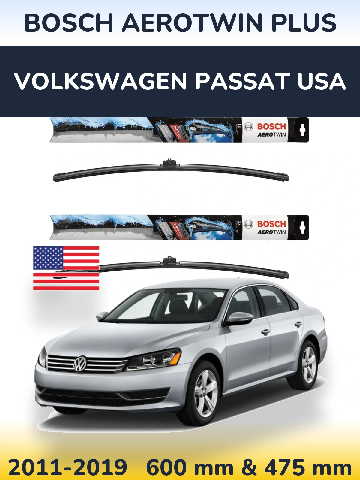 Комплект передних дворников BOSCH AeroTwin Plus 600 & 475 мм для Volkswagen Passat USA 2011-2019