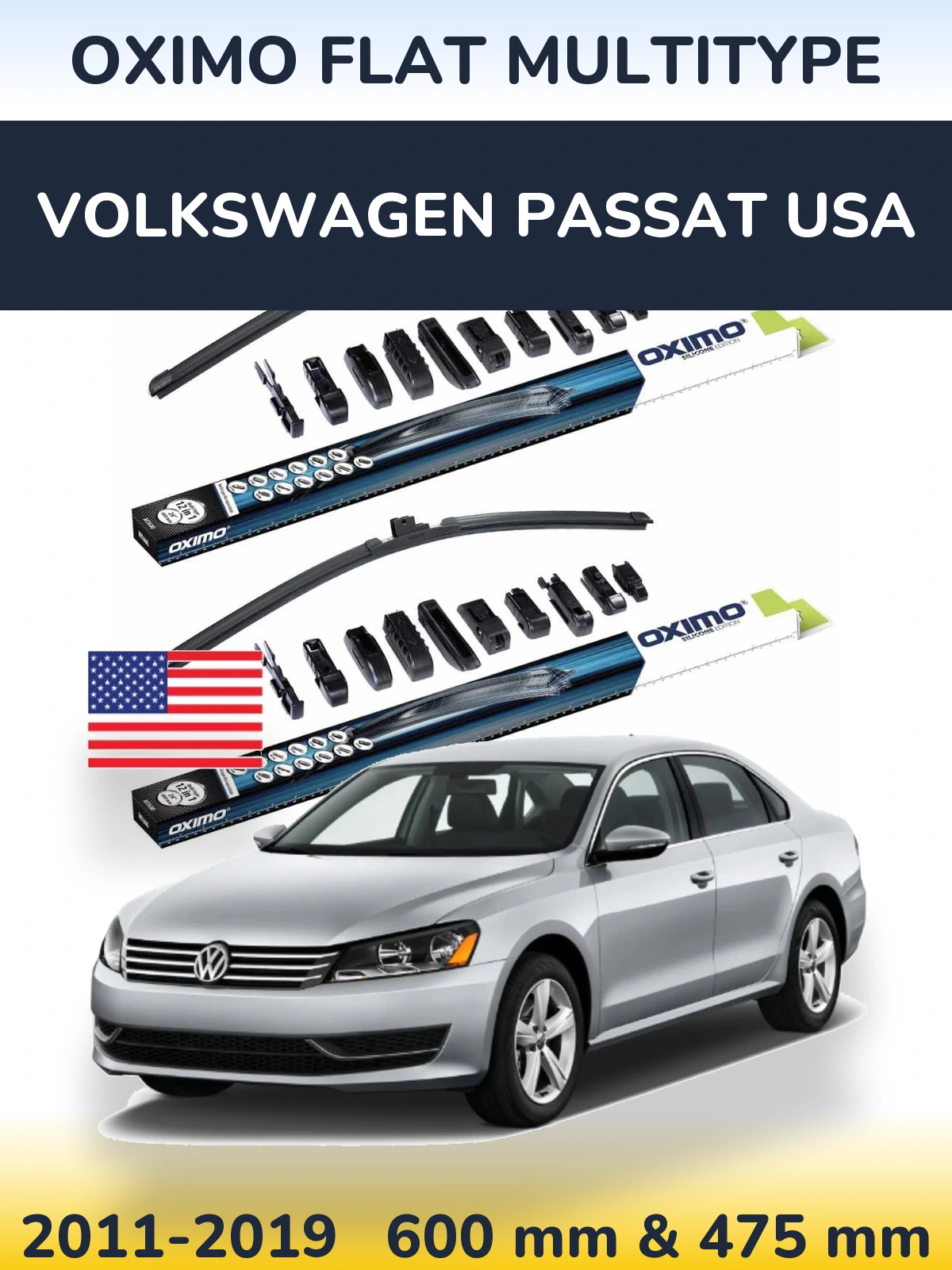 Комплект передніх щіток Oximo Flat MultiТипe 600 & 475 мм для Volkswagen Passat USA 2011-2019