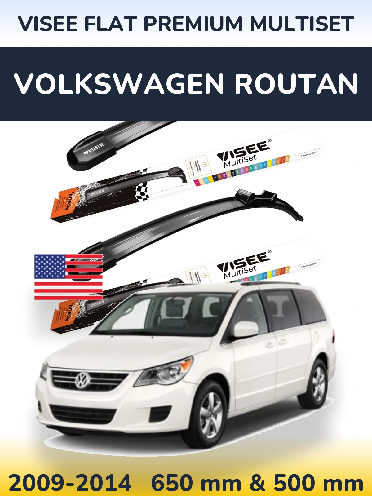 Front wiper blade set VISEE FLAT PREMIUM MultiSet 650 & 500 mm for Volkswagen Routan 2009-2014
