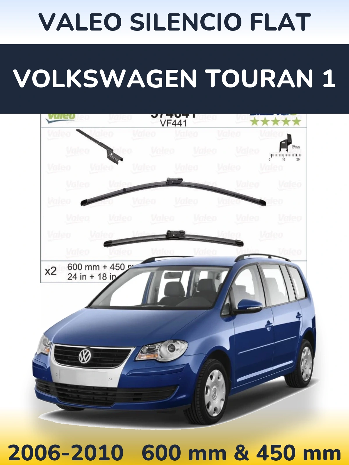 Front wiper blade set Valeo Silencio Flat 600 & 450 мм for Volkswagen Touran 1 2006-2010