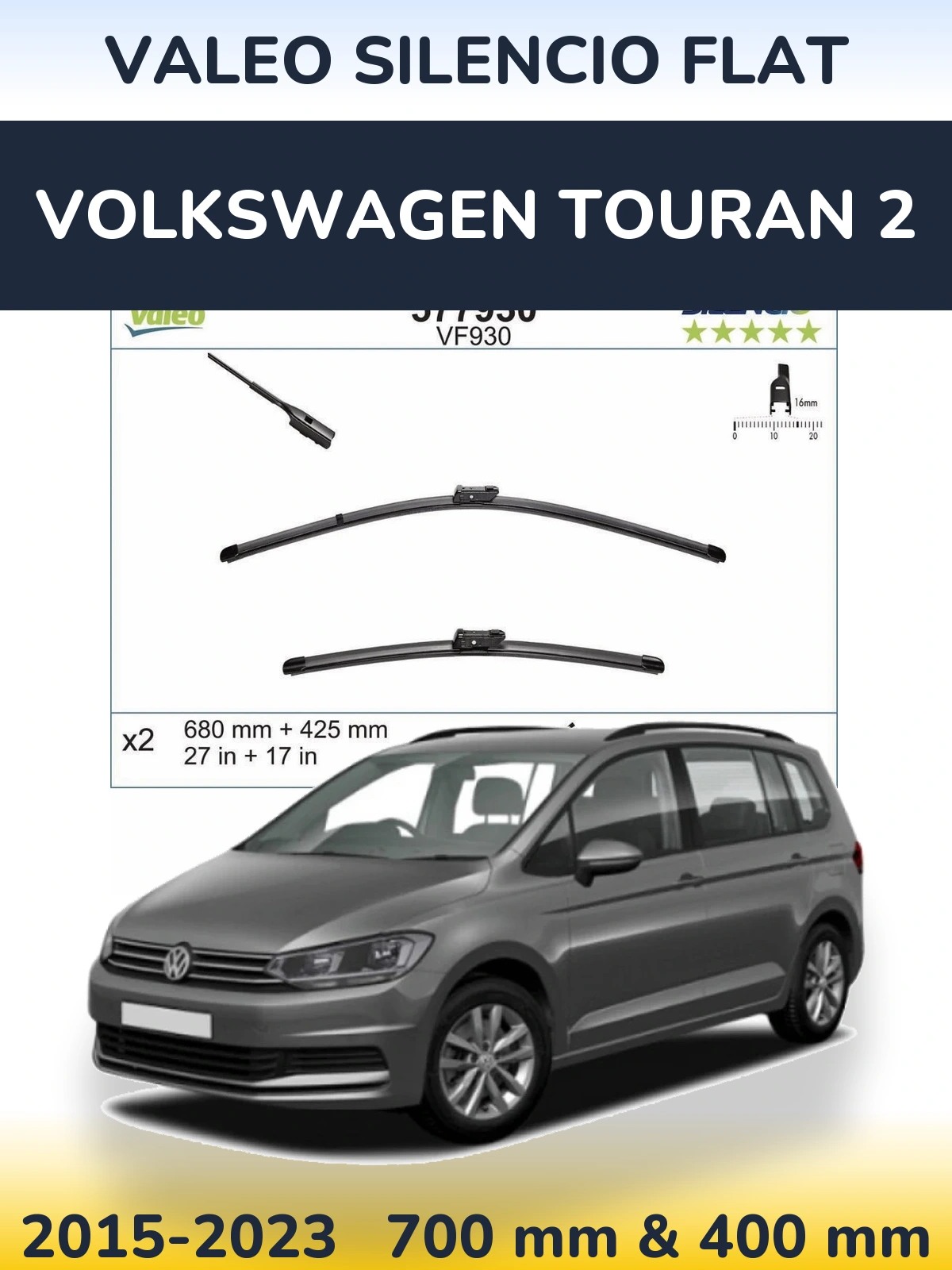 Front wiper blade set Valeo Silencio Flat 680 & 400 мм for Volkswagen Touran 2 2015-2023