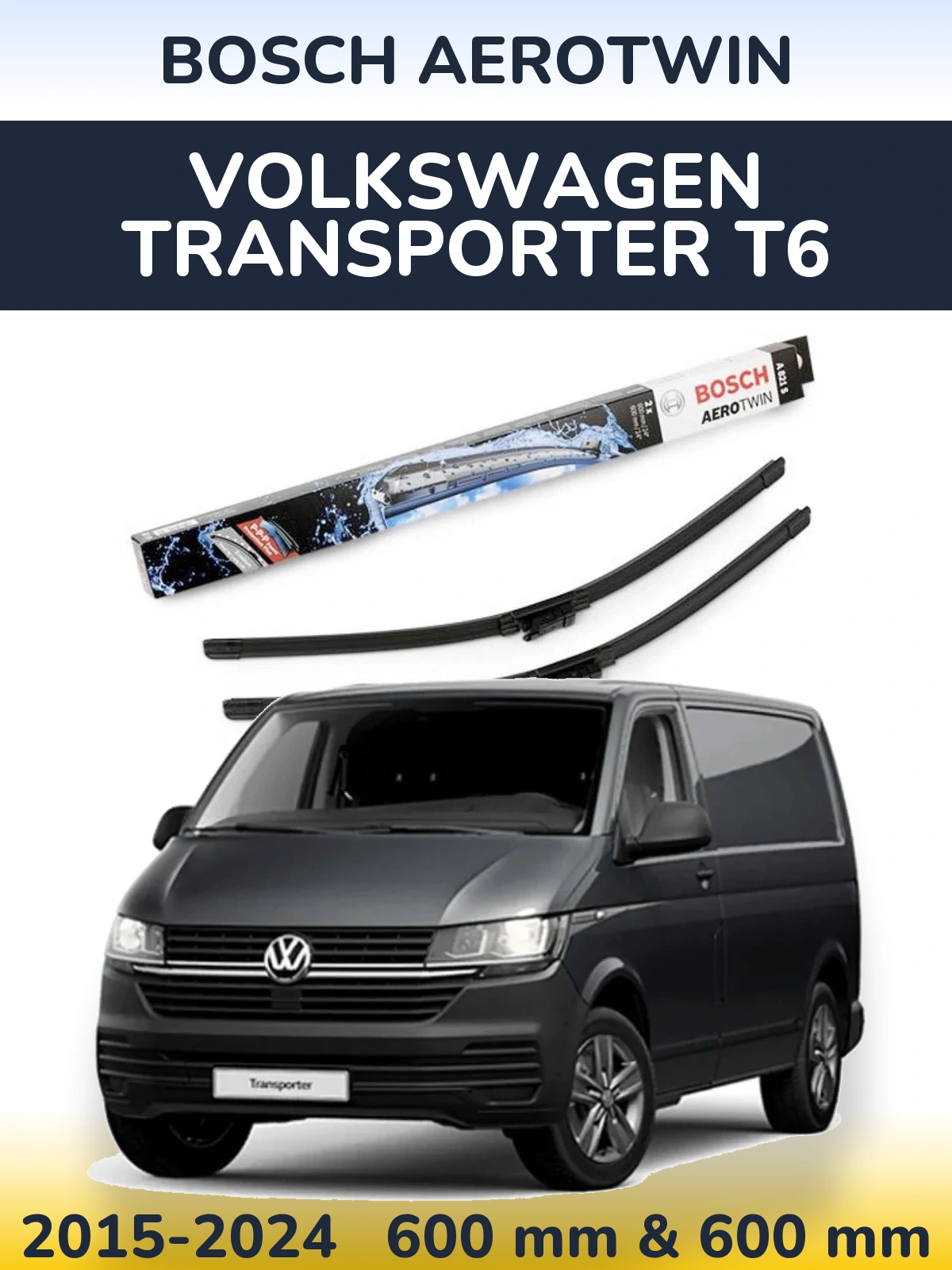 Front wiper blade set BOSCH AeroTwin 600 & 600 мм for Volkswagen Transporter T6 2015-2024
