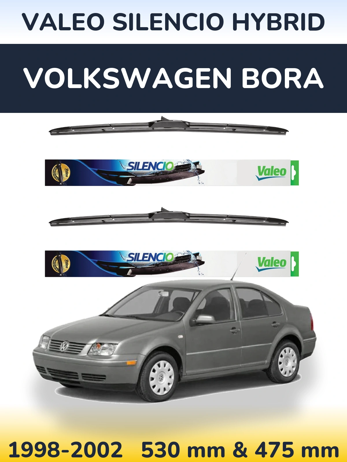 Front wiper blade set Valeo Silencio Hybrid 530 & 475 мм for Volkswagen Bora 1998-2002